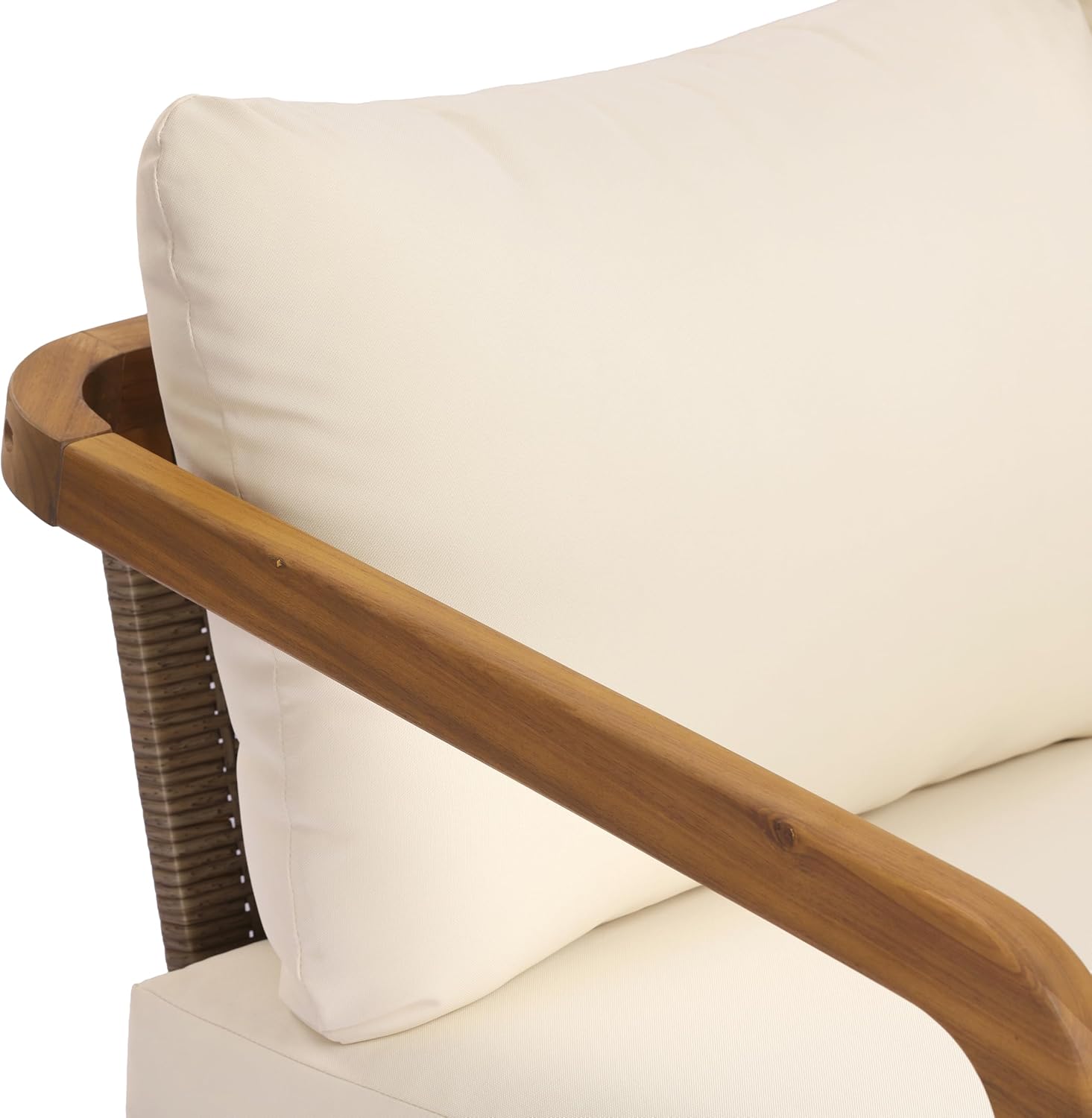 Elountik Acacia Wood Outdoor Patio Chair with PE Wicker Backrest, Cushions - Modern Accent Armchair for Balcony, Poolside, Sunroom, Living Room - Sturdy 400 Lb Weight Capacity
