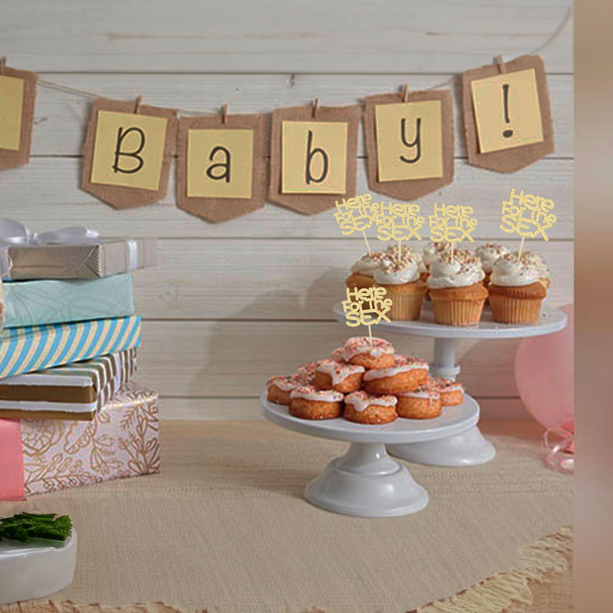 24 Decorazioni Per Cupcake Rivelazione Di Genere - Oro Glitterato Con Papillon Rosa E Blu - Baby Shower