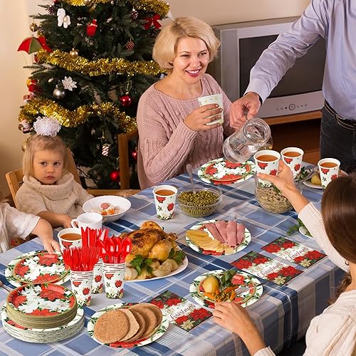 Miniatura 8 de Platos y servilletas de papel de Pascua de Navidad para servir 25, platos desechables de fiesta de flores navideñas, vasos, servilletas, vajilla