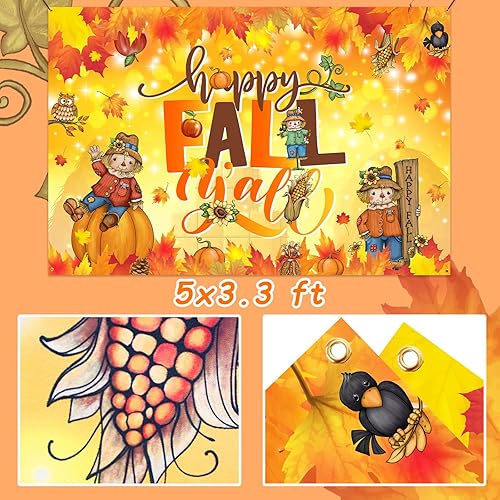Miniatura 4 de Cartón de fondo con texto en inglés Happy Fall Y'all, decoración de fiesta de Acción de Gracias, hojas de arce, calabaza, fondo de fotos para