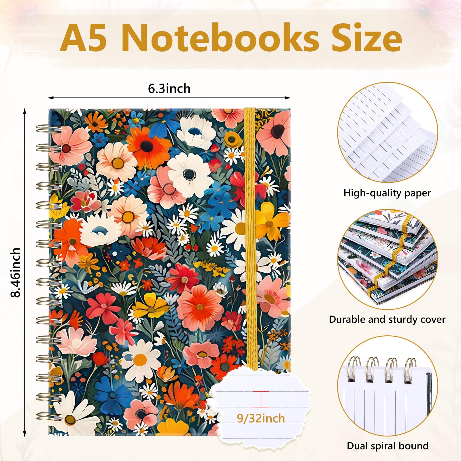 Resurhang Paquete de 6 cuadernos en espiral A5 con forro de tapa dura para mujer con 2 bolsillos, diario floral vintage con espiral, cuadernos rayados universitarios, 160 páginas y 80 hojas para el