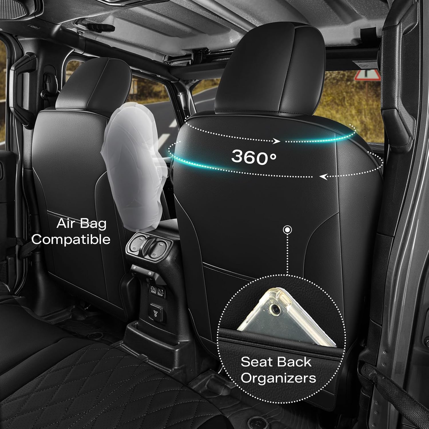 Seat Covers Custom Fit for Jeep Wrangler JL 2018-2026 4 Door W/O Rear Cup Holder, Luxury Waterproof Leather Seat Protectors(Black, Full Set)