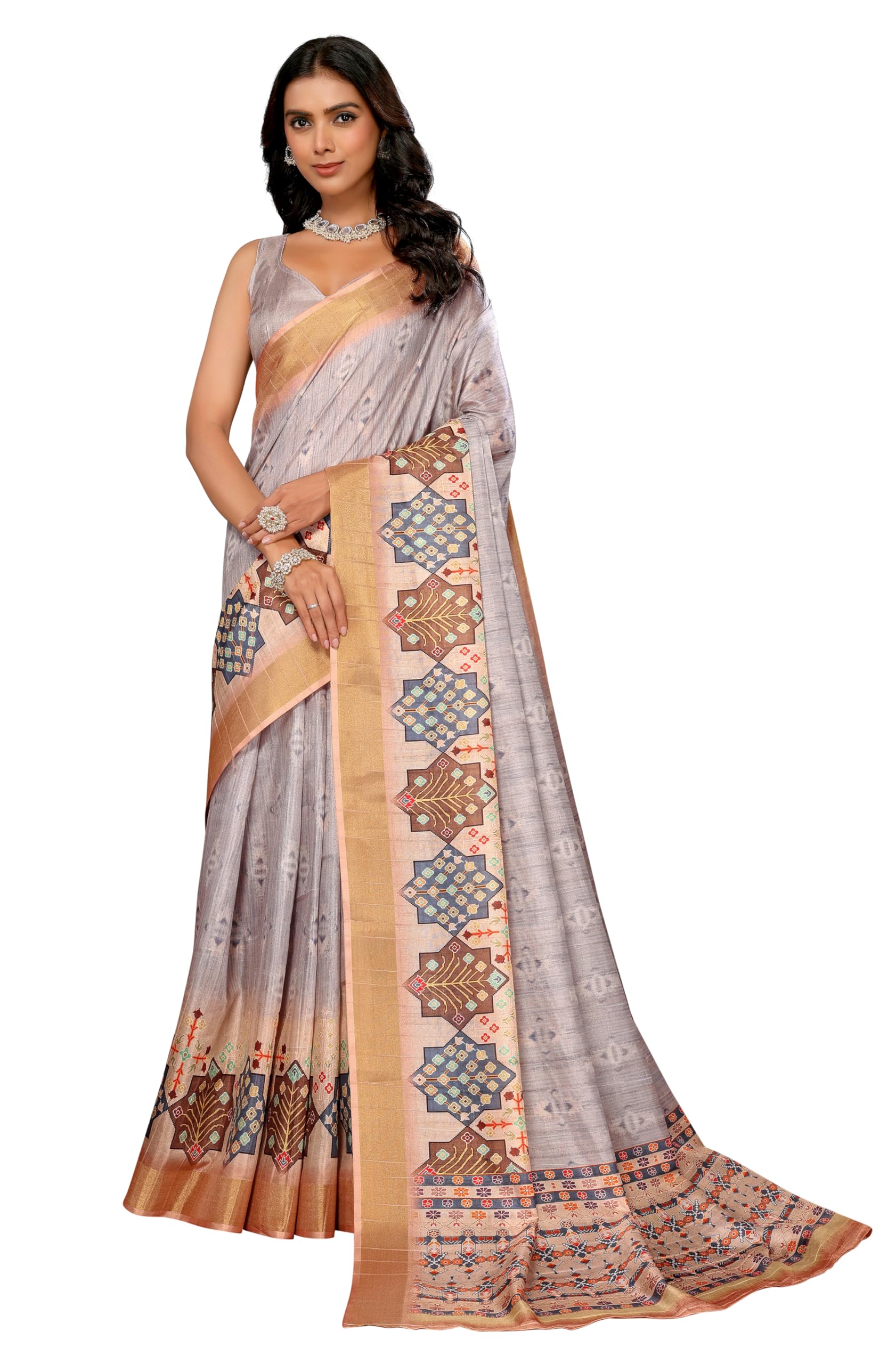 threadbox Women's Beige Chanderi Silk Ethnic Print Printed Saree with Blouse Piece-picture-11