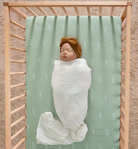 Miniatura 9 de Meracorallo Sábana bajera ajustable de muselina para cuna, suave y transpirable, para colchones estándar para cuna y niños pequeños (niebla)