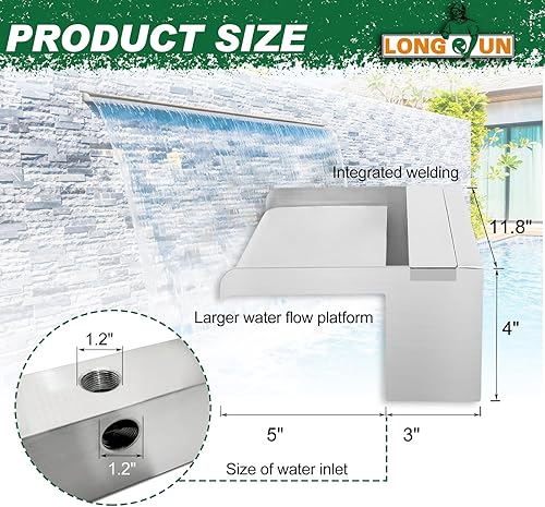 Miniatura 3 de LONGRUN Cascadas de estanque de acero inoxidable con luz LED que cambia de color, fuente de piscina al aire libre, kit de cascada para jardín,