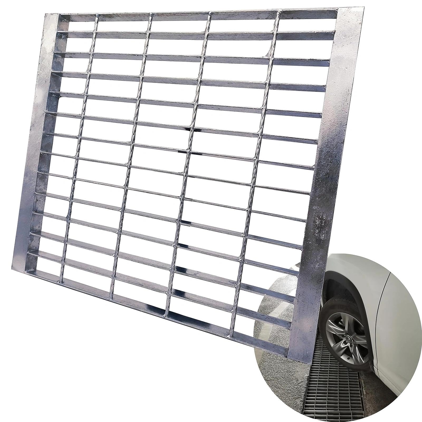 Galvanized Steel Drain Grate with Lip 20x20 in, B-Class 28100 lbs Heavy-Duty Driveway Channel Cover w/Base, Outdoor Trench Drainage Grate, Silver Square Metal Sewer Cover for Garage