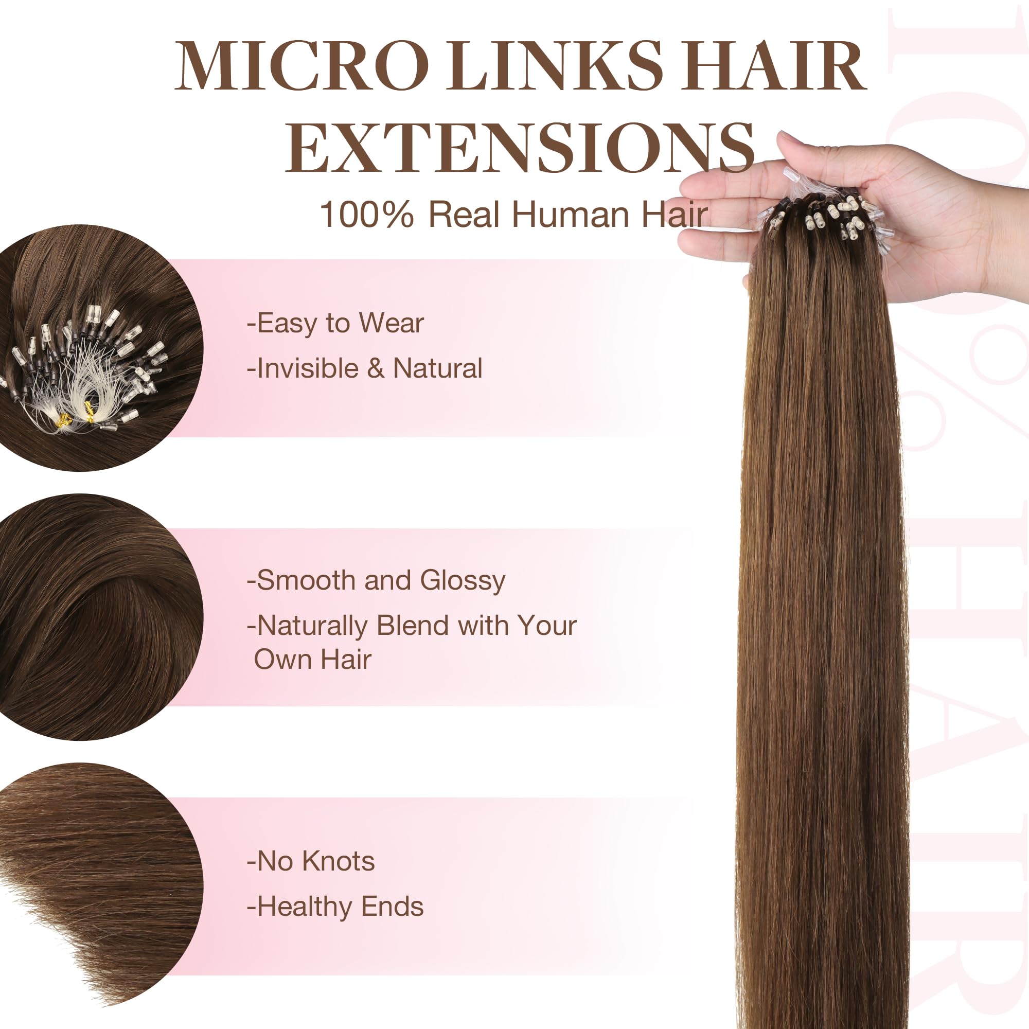 GOO GOO Micro Loop Hair Extensions Real Human Hair, Chocolate Brown 50g 16inch 50 Strands Cold Fusion Micro Bead Extensions - Image 2