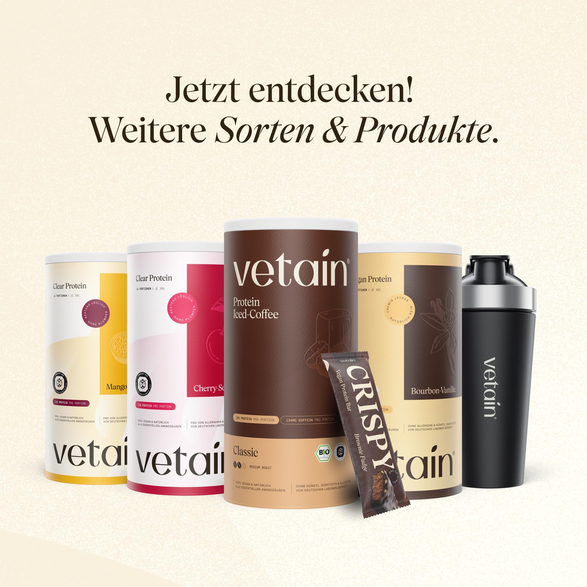 VETAIN Protein Pulver Probierpaket - 23g Eiweiß - 8 x 30g - 4 Proteinquellen fermentiert Erbsen - Bio veganes Proteinpulver - Ohne künstliche Süßungsmittel - NEUE REZEPTUR