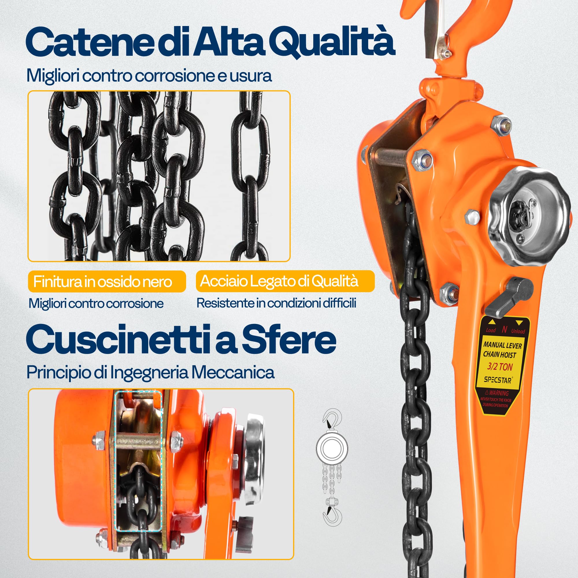 SPECSTAR Paranco a Leva Manuale Catena 1500kg in Acciaio al Manganese G80 Altezza di Sollevamento 3m Rotazione a 360° con Gancio Robusto con 3m Doppia Catena