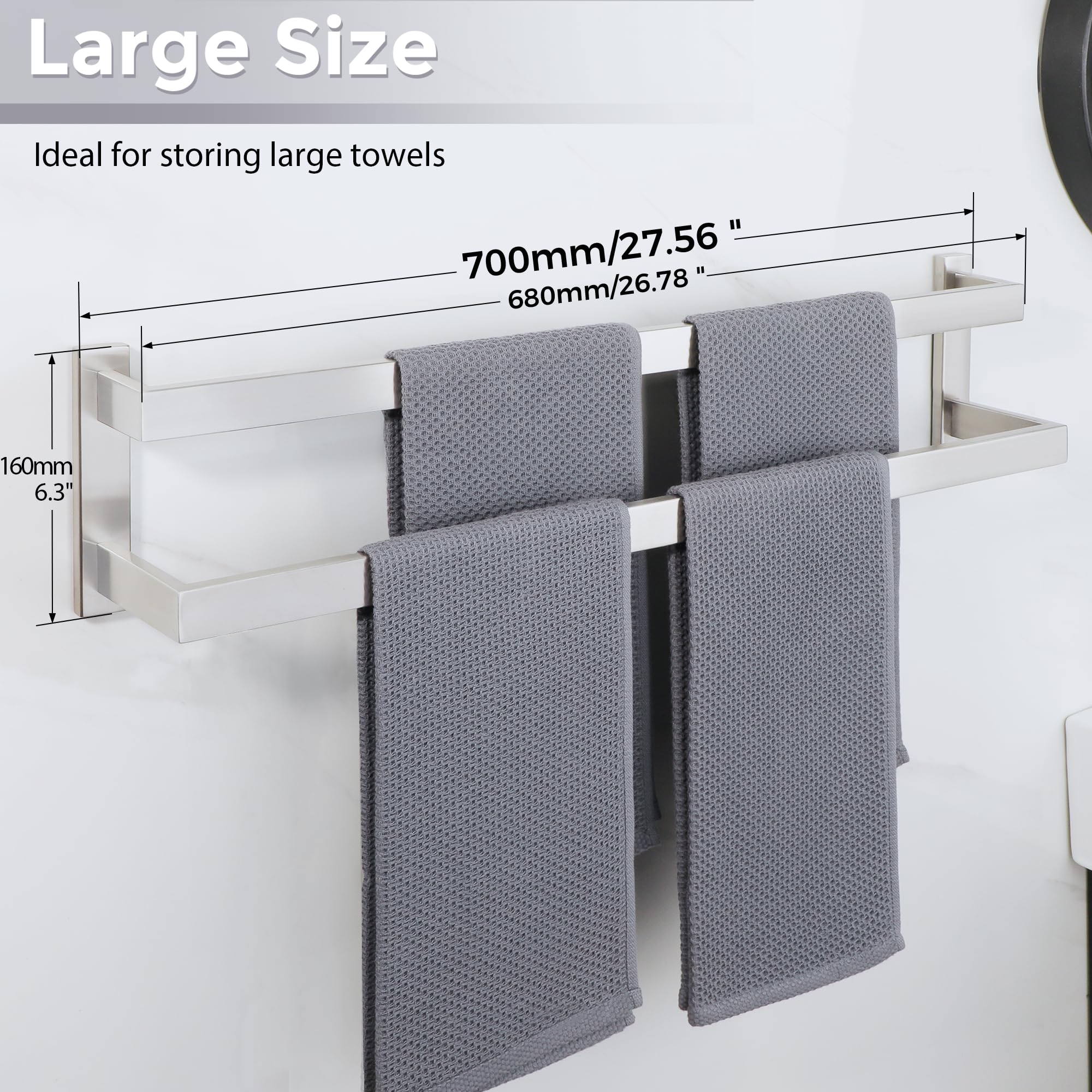 SAYAYO Robuste Porte Serviette Lourd Mural à 2 Niveaux en 304 Acier Inoxydable, Barre de 10mm D’épaisseur Anti-Flexion, Support Porte-Serviettes Antirouille pour Salle de Bain, 70CM Brossé