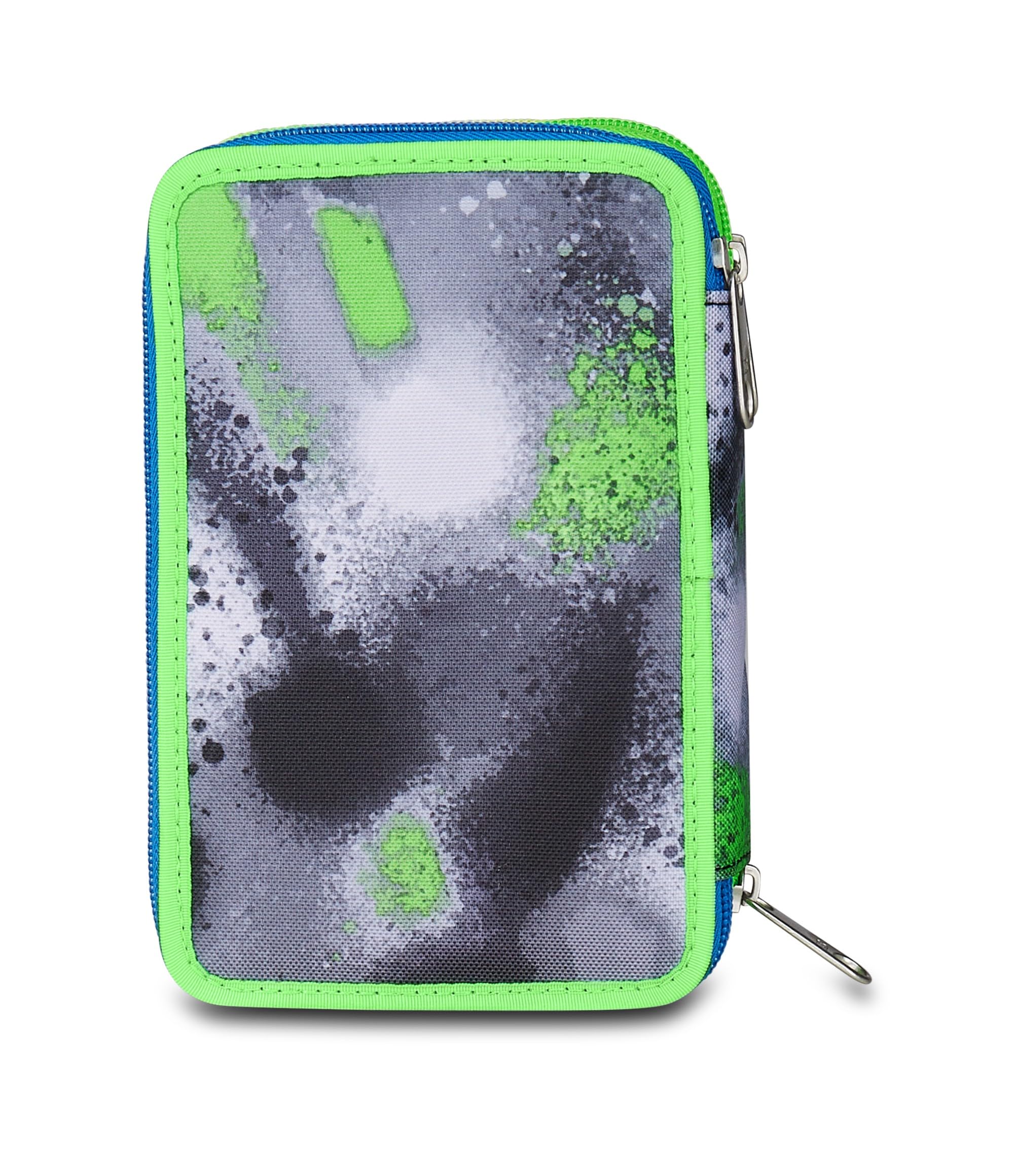 Seven Astuccio Scuola 3 Zip Nero Verde Portapenne Triplo Scomparto Completo