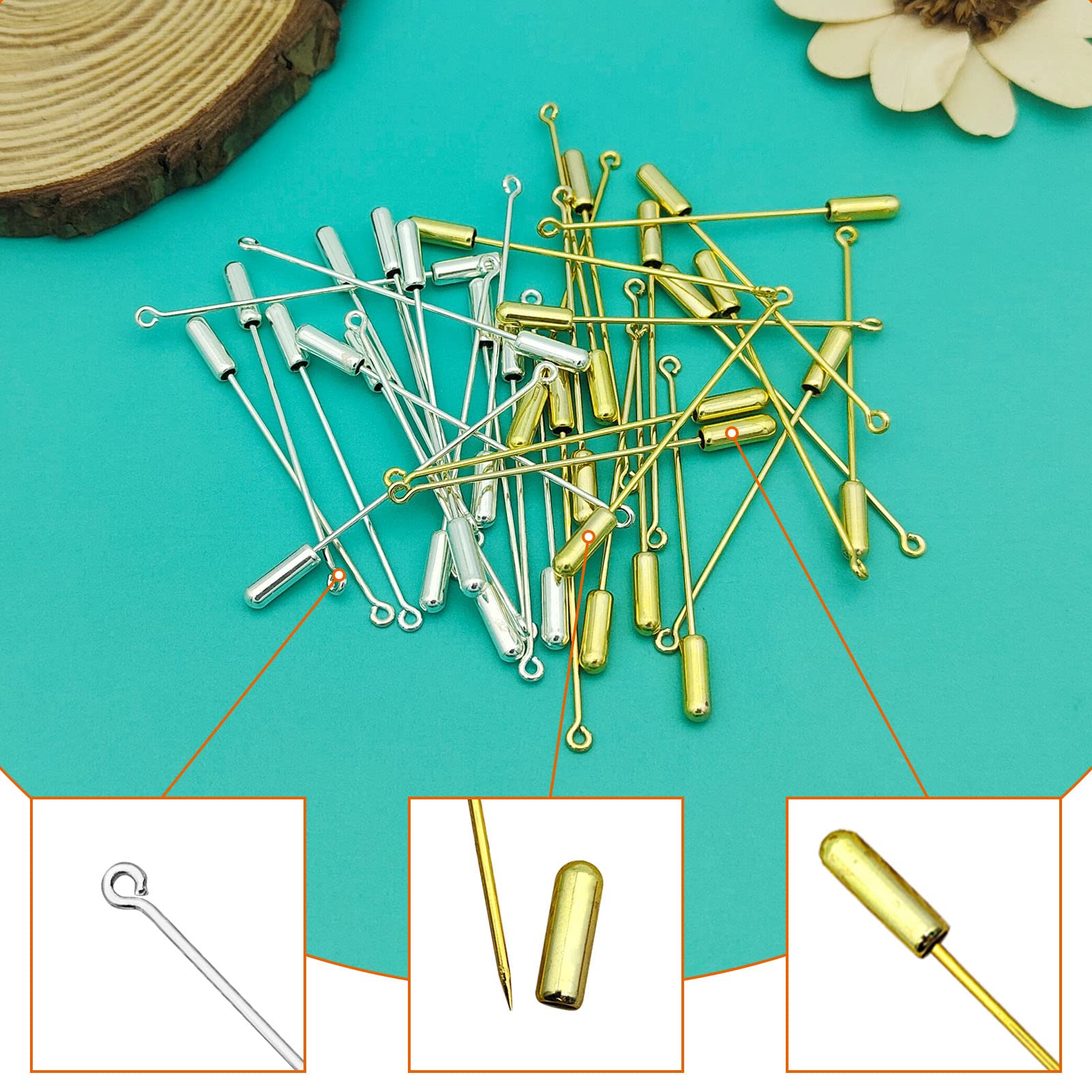 60 broches de seguridad para la fabricación de joyas, broche de metal con extremos de tope para disfraz de bricolaje, alfiler de corbata, accesorios para hacer joyas (oro, plata)