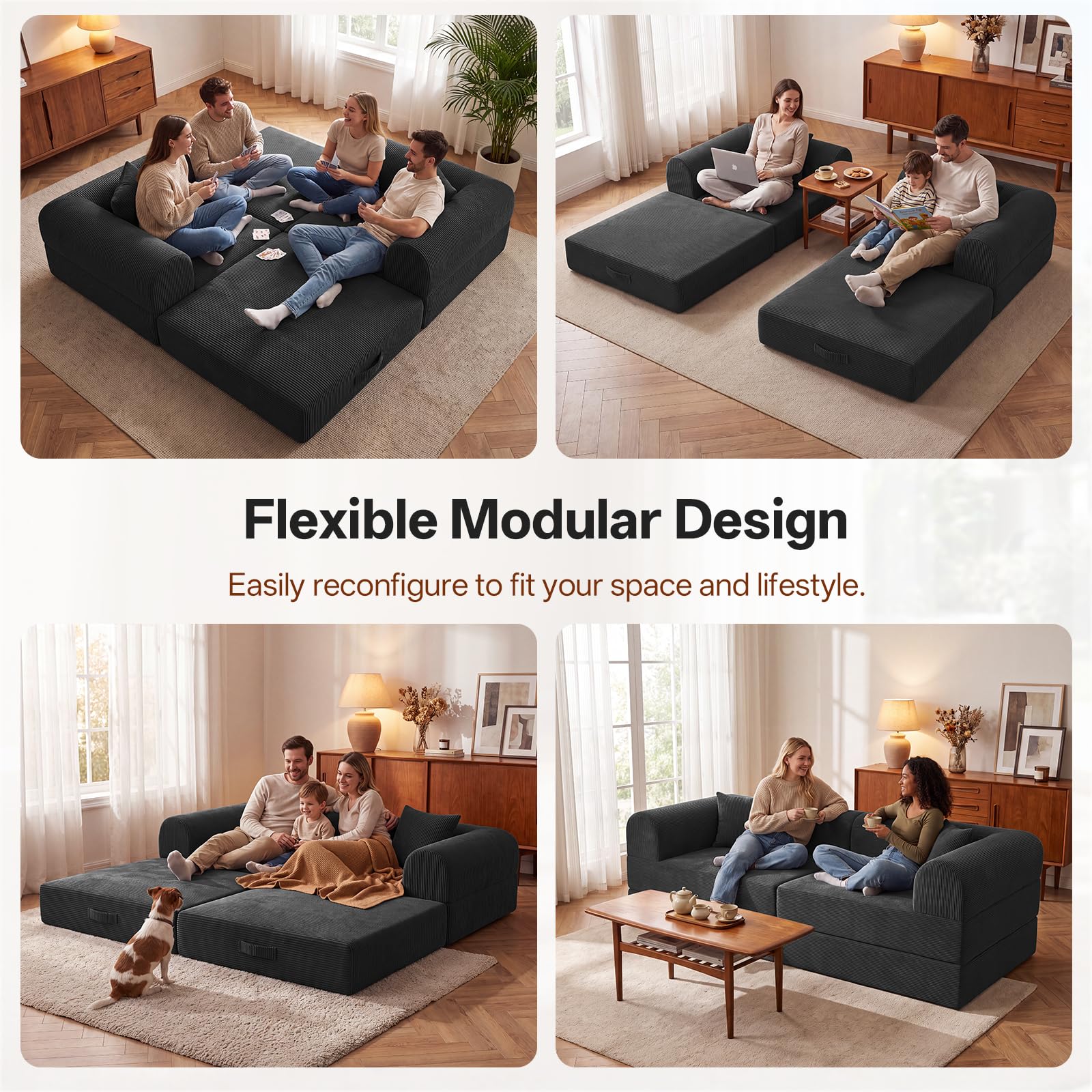 74.8’’Convertible Futon Sofa Bed, Boneless Couch for Living Room | Corduroy Boneless Loveseat Sleeper Sofa, Modular Futon Couch with 2 pillow, Pull Out Couch No Assembly | Black