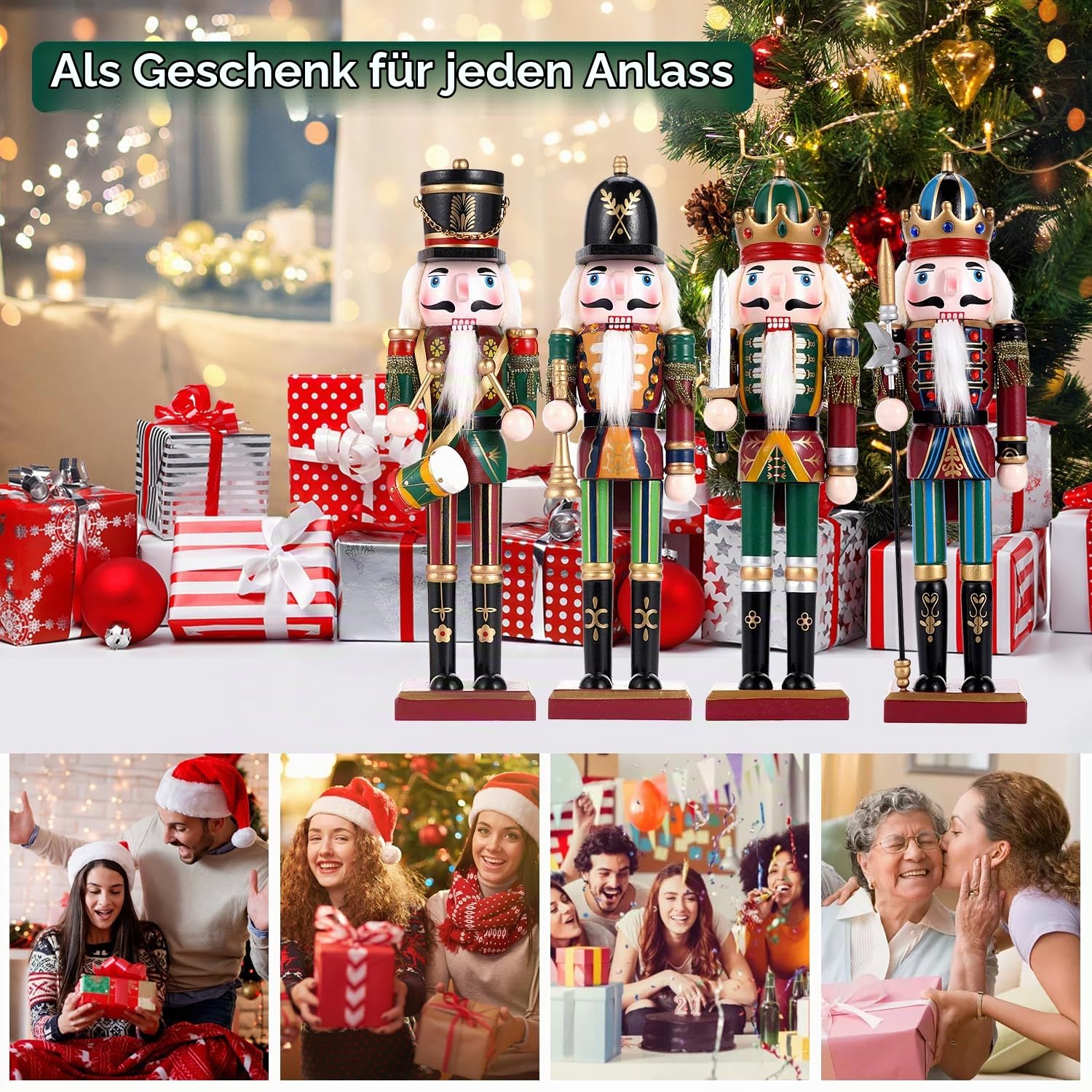 4pc Weihnachten Nussknacker Soldat 30cm Holz Nussknacker Weihnachtsdekorationen für Kamin, Weihnachten Nussknacker Figuren Indoor Weihnachtsdekorationen -Trompeter, Drummer, Schwertmänner, Pikeman