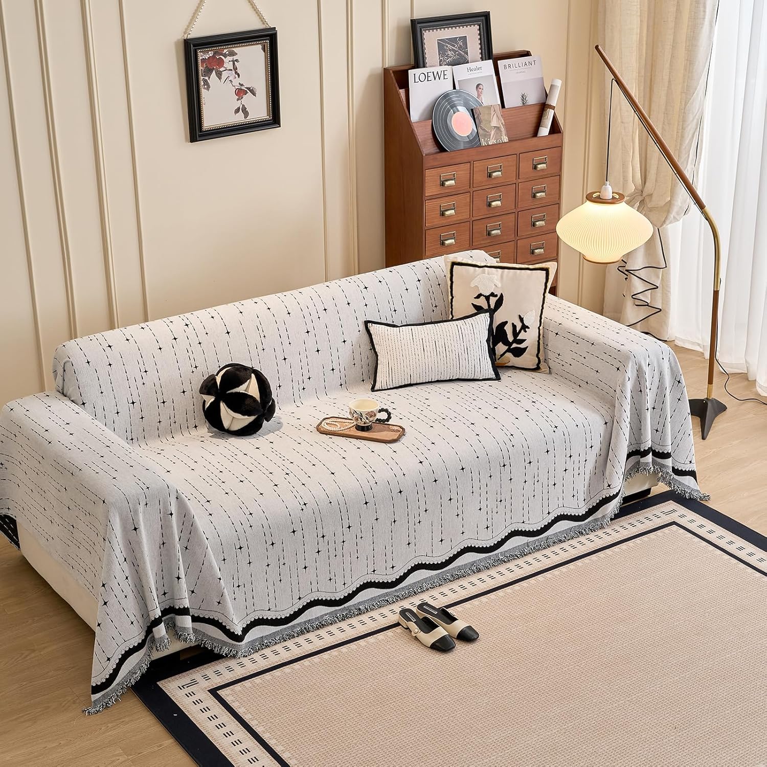 ROOMLIFE Couch Cover Black Boho Sofa Covers for 3 Cushion Couch Washable, Furniture Protector Sofa Couch Cover for Dogs, Soft Breathable Sofa Slipcover, Couch Throw Blankets with Tassels 71''X150''