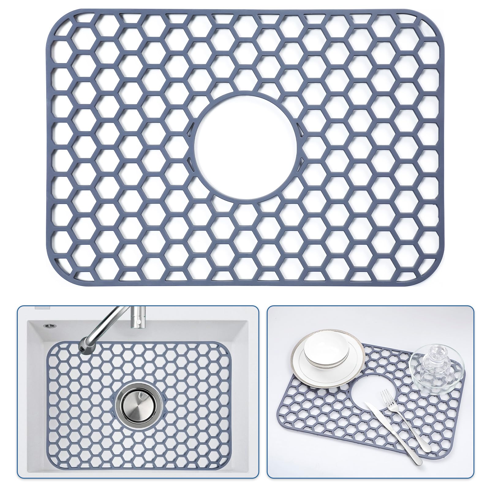 Bestjing Silicone Sink Protectors for Kitchen Sink - 18.2"x12.5" Kitchen Sink Mats Accessory, Non-Slip Heat Resistant Sink Mat for Bottom of Farmhouse Porcelain Stainless Steel Sink(Center Drain)