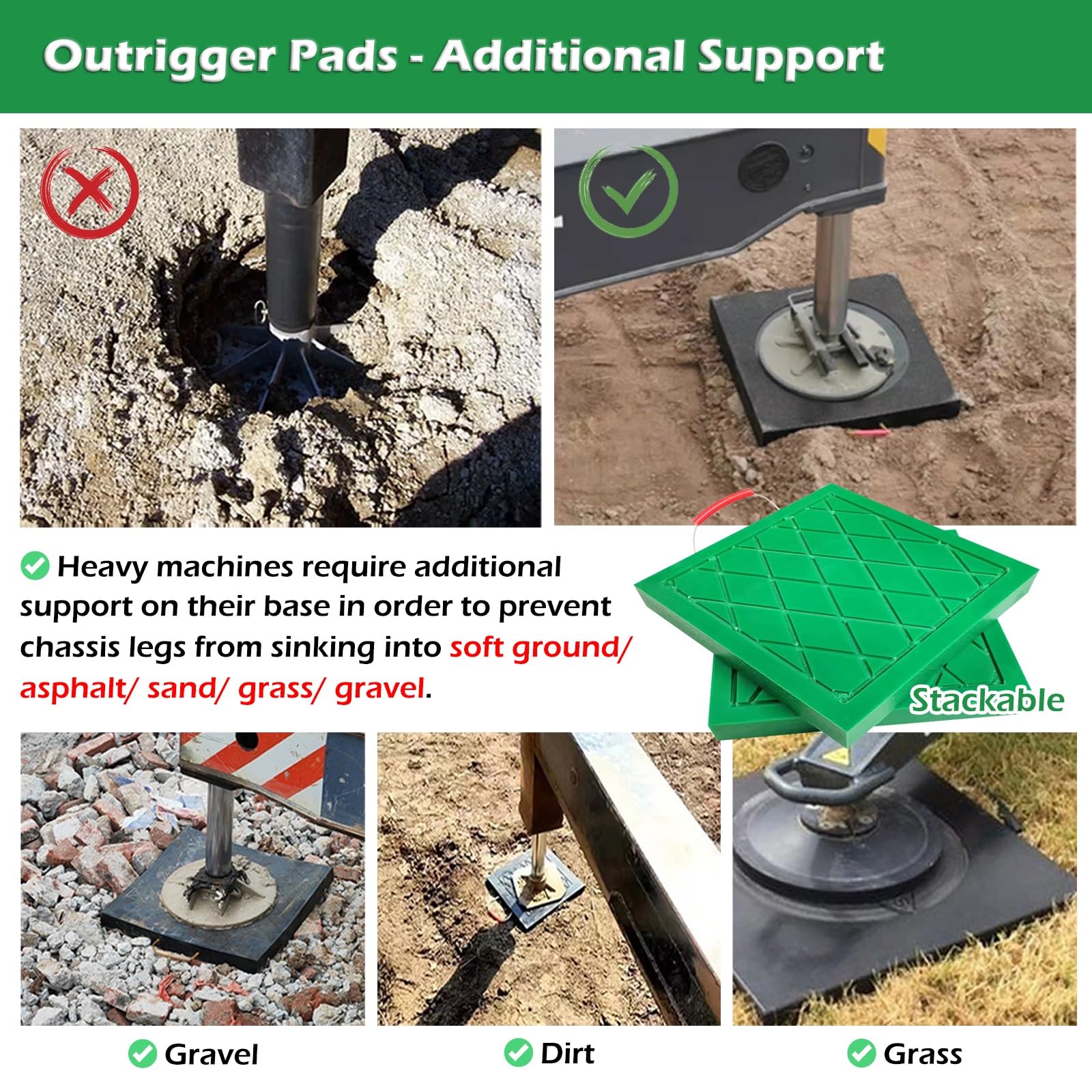 Coussinets de Crics Grues Carré Haute densité Coussins stabilisateurs pour outrigger, Blocs de vérins empilables pour camion à godets, épave, camping-car, Coussinets de nivellement en caoutchouc(Green