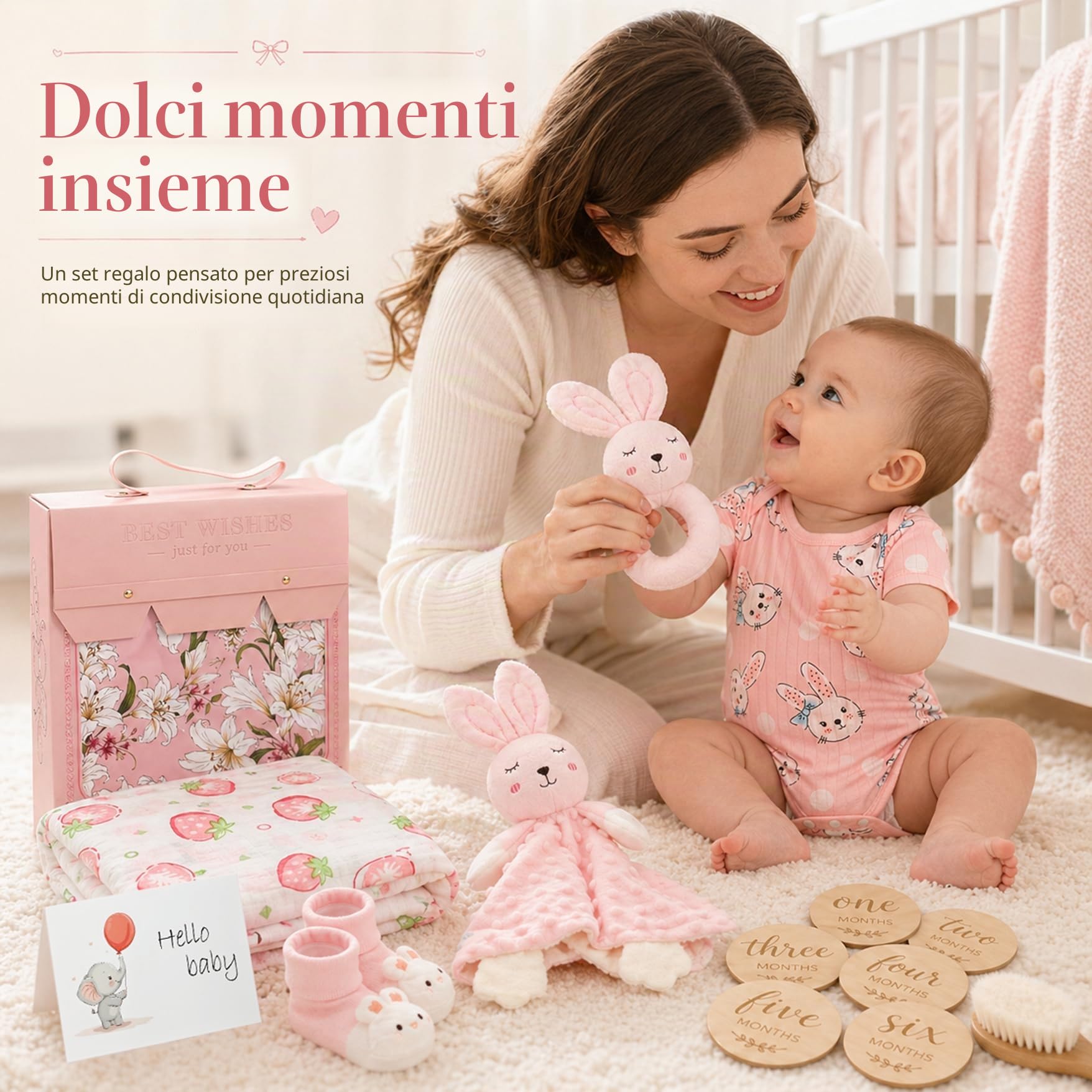 Regalo per neonati – Set regalo per bebé da 15 pezzi Include copertina, body, bavetta, massaggiagengive, spazzola in legno, carte traguardo, calzini e scatola dei ricordi. (Rosa)
