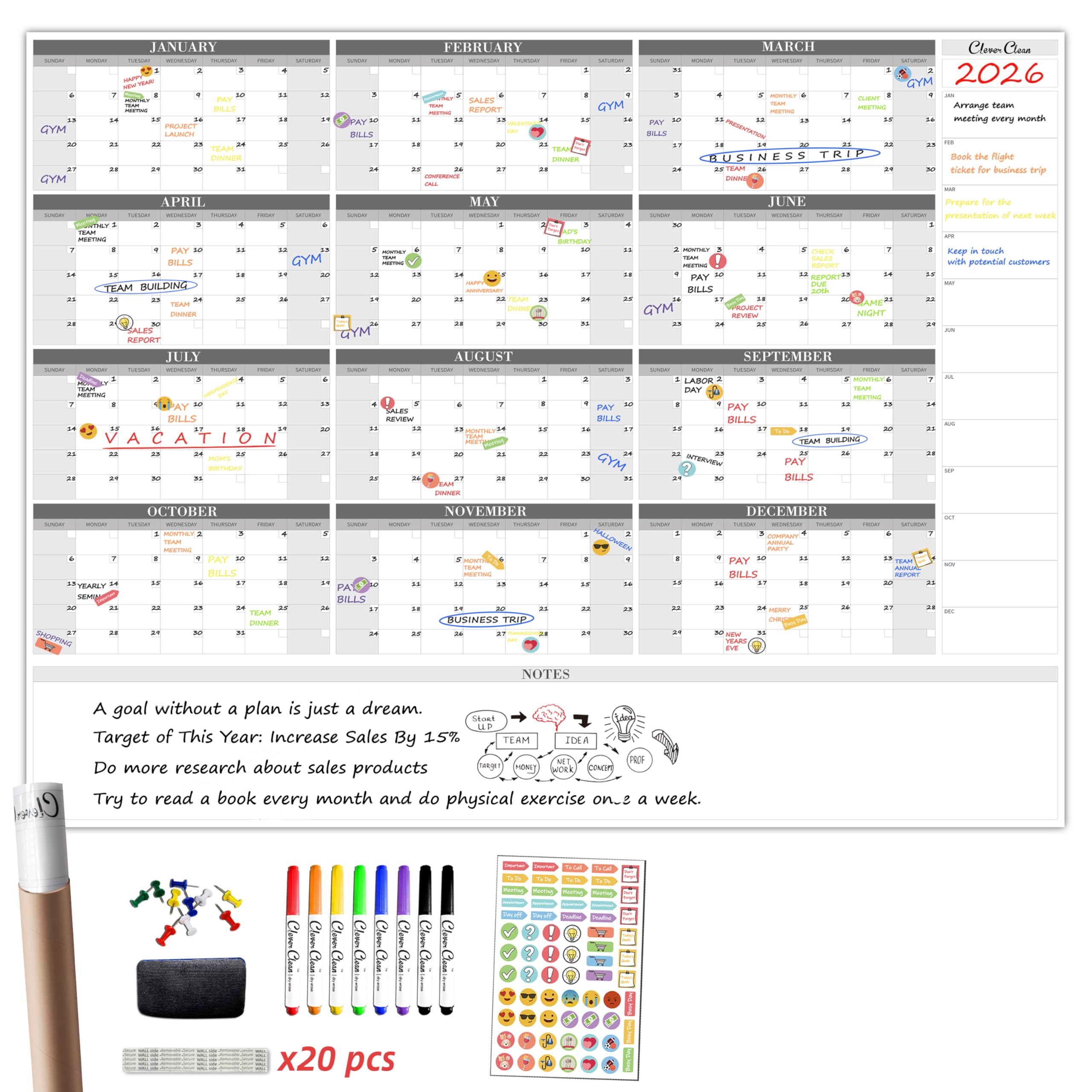 CLEVER CLEAN Large Dry Erase Wall Calendar - 48"x58" 12-month 2026 Undated Reusable Yearly Calendar for Home, Office, School Projects - Jumbo