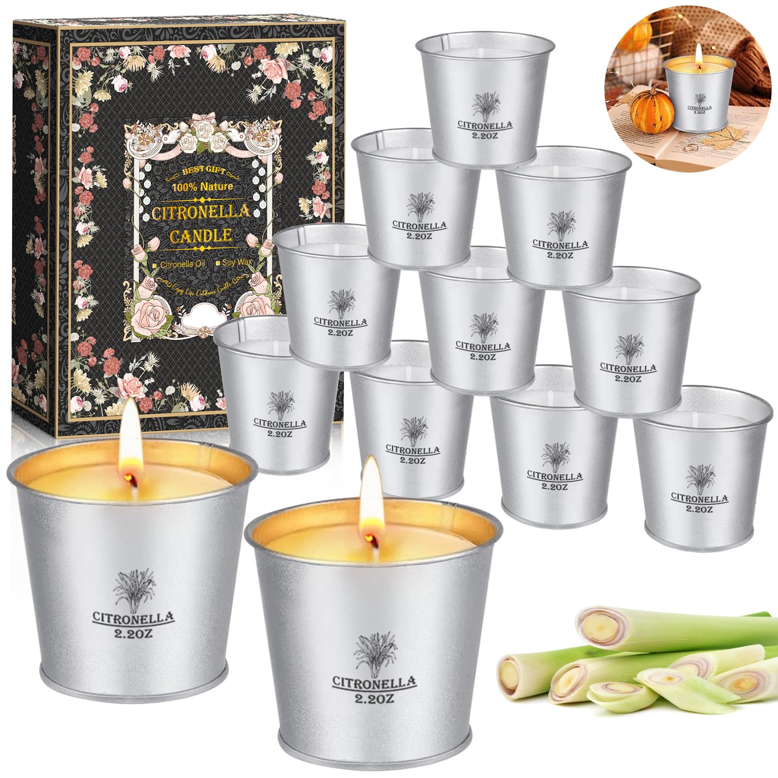 Candele Citronella Esterno Set 12x2.2oz Cera di Soia Naturale Oli di Citronella 120-180 Ore