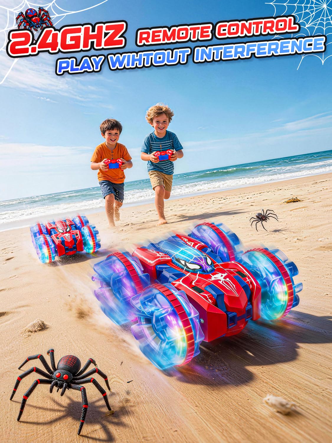 Spider Amphibienfahrzeug Ferngesteuertes Auto, 2.4GHz Doppelseitig RC Auto Car Spielzeug ab 3 4 5 6 7 8+ Jahre Junge, Pool Outdoor Monstertruck mit 360°Drehung & LED Licht, Kinder Geburtstag Geschenke