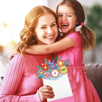 Justforjoyful 24Pcs DIY Mother's Day Gifts Flower Craft Mothers Day Bouquet Greeting Card Making Kit with Envelope for Mom Home School Classroom Fun Activities Mother's Day Handmade Gift Craft for Kid