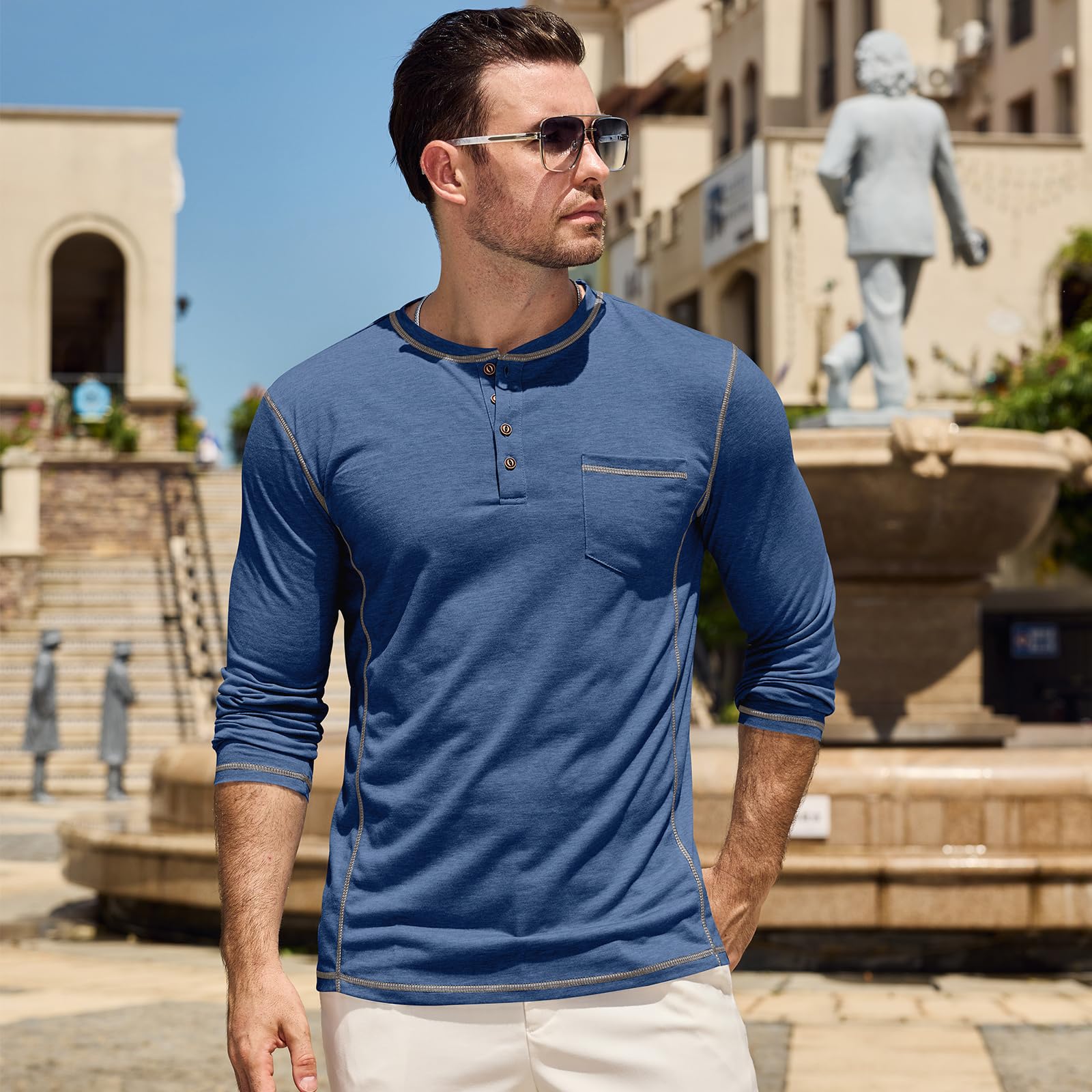 Camiseta de manga larga para hombre, con cuello tunecino en V Henley con bolsillo Polo y botones ligeros, M-3XL