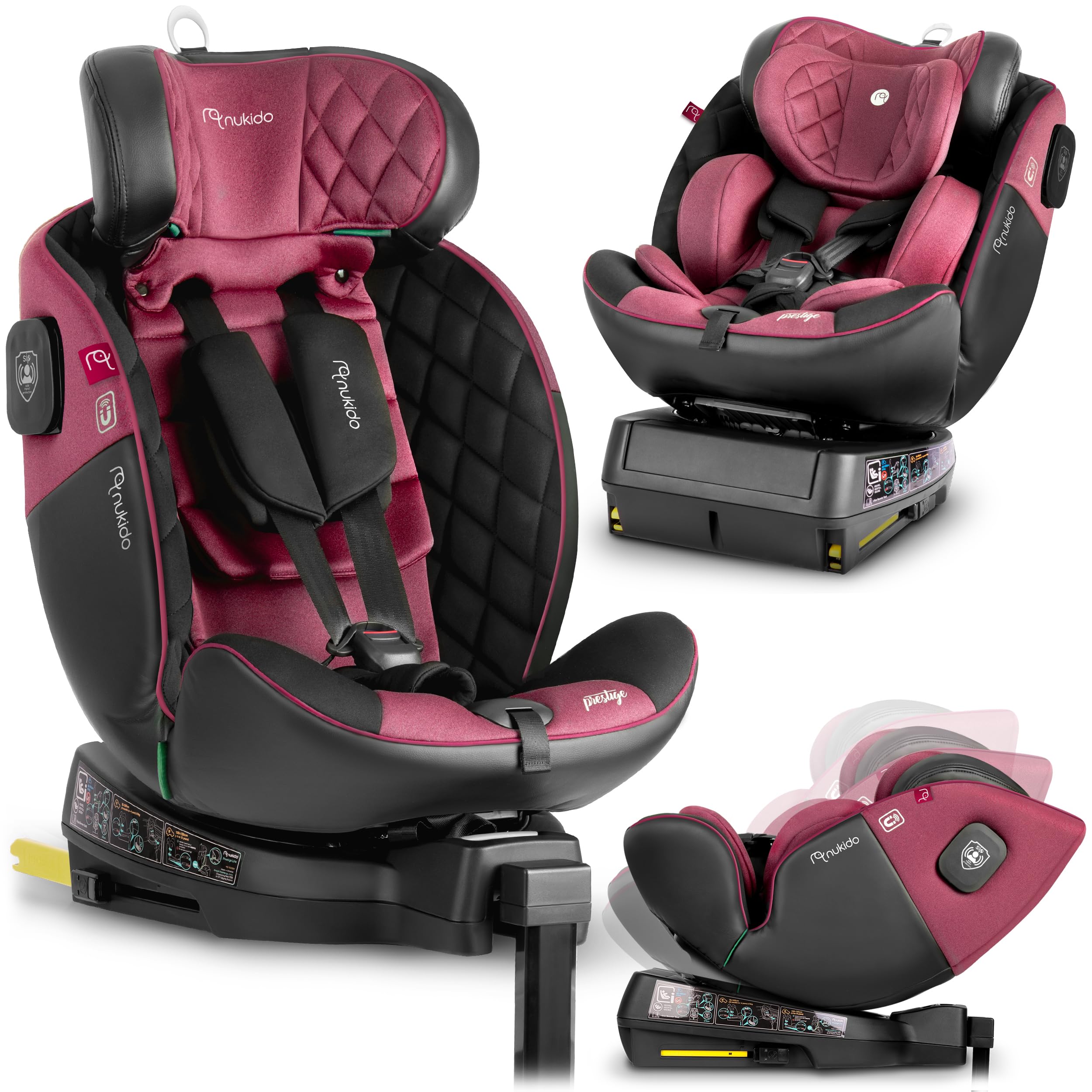 Nukido Kindersitz 360 Drehbar Autositz Kinder Kinderautositz i-Size ISOFIX 5 Punkt Sicherheitsgurt 0-12 Jahre Bis 36 kg Schwarz Rosa Prestige Line