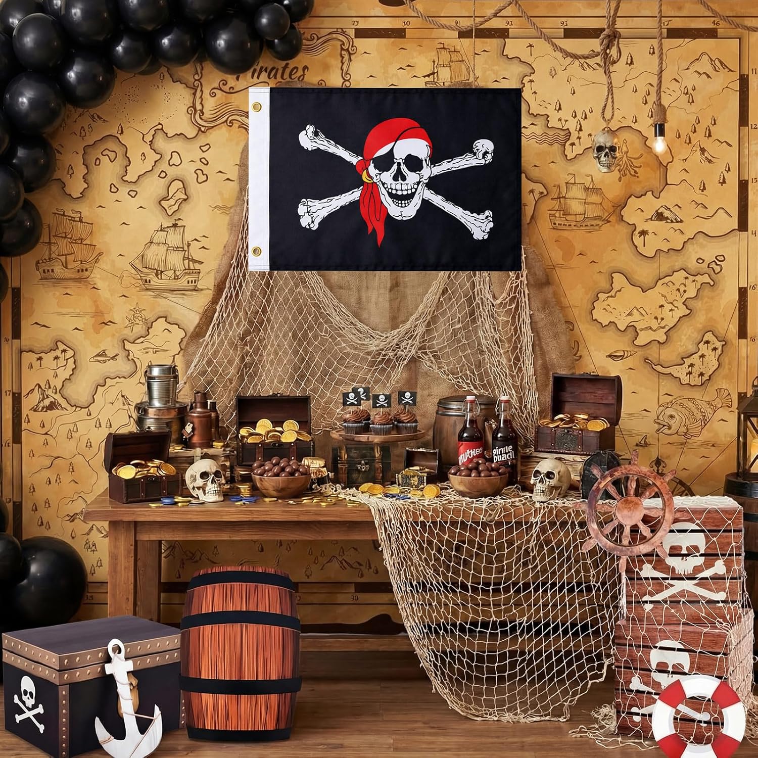10 Pcs Pirate Party Decorations Imitation Treasure Chest Box Map Fishing Net Adventure Ocean Pirate Party Favors for Sea Sailing Birthday Photo Booth Props