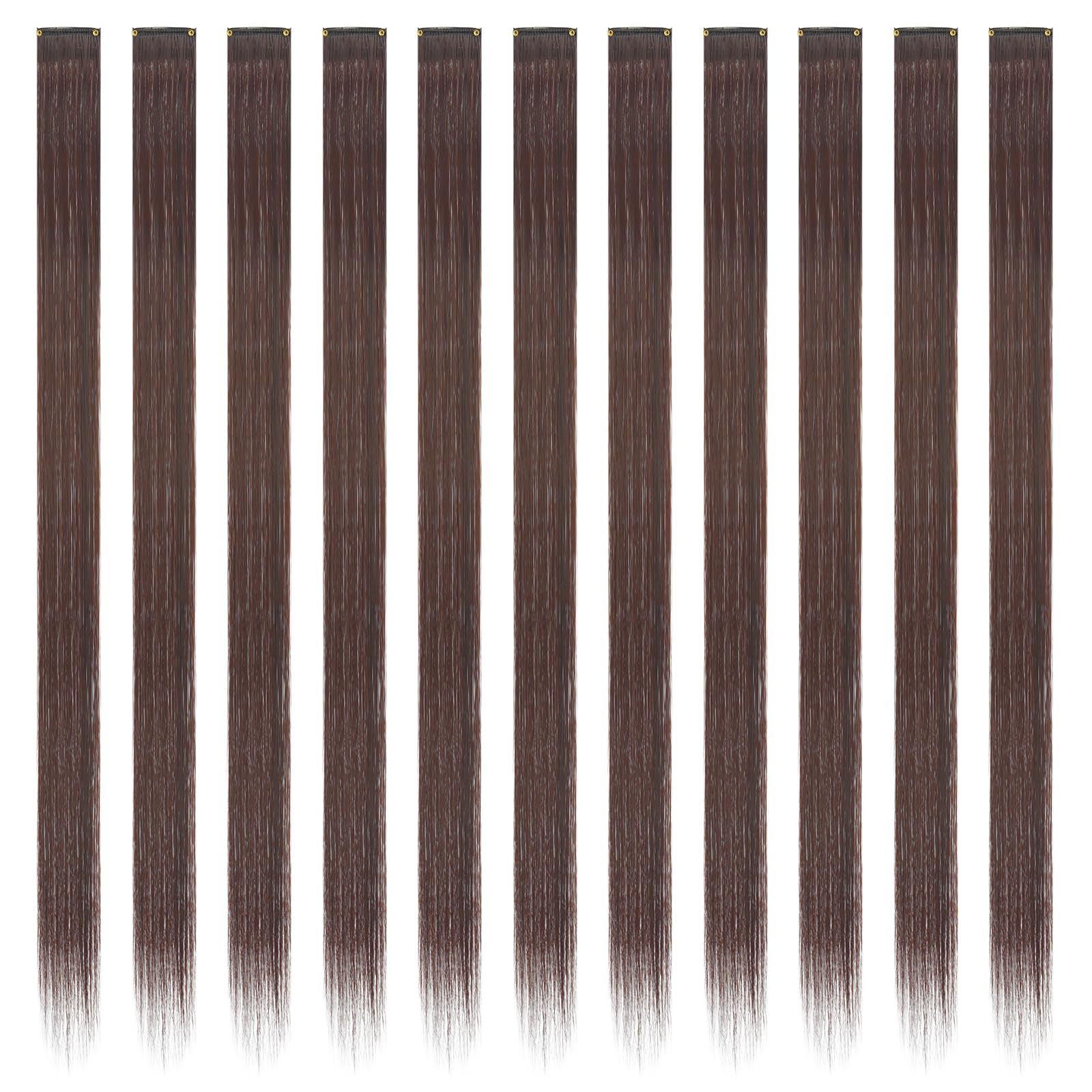 FESHFEN Coloured Clip in Hair Extension Brown Hairpieces for Women Party Highlight Colourful Straight Long Hair Extensions Clip in Hair Piece - Image 2