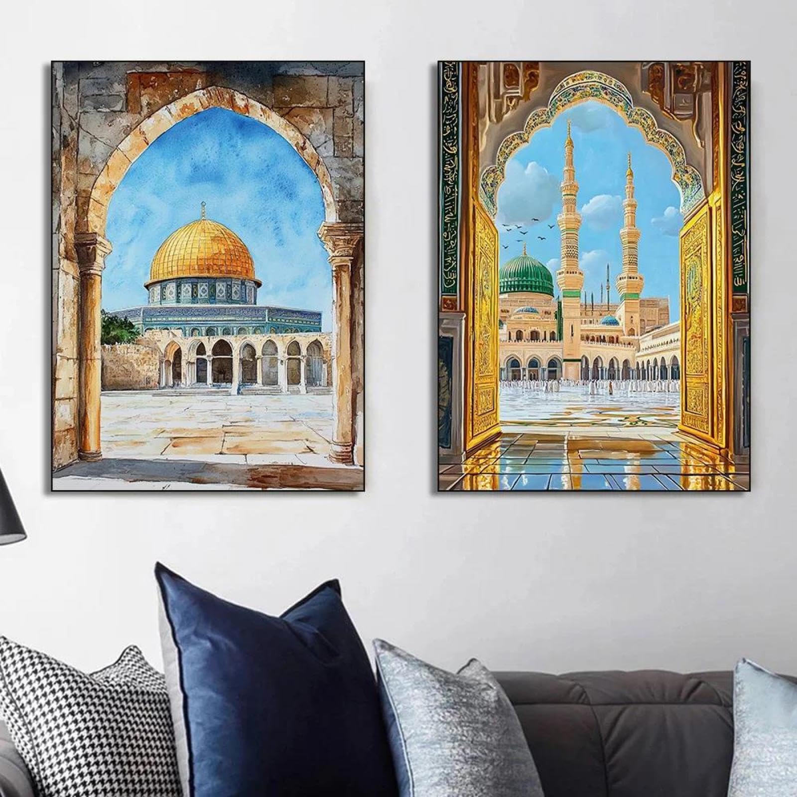 Baibexing Watercolor Islamic Mosque Kaaba Poster Prints Muslim Scripture Canvas Painting Wall Art Picture Living Room Office Home Decor 30X40Cmx2Pcs Unframed