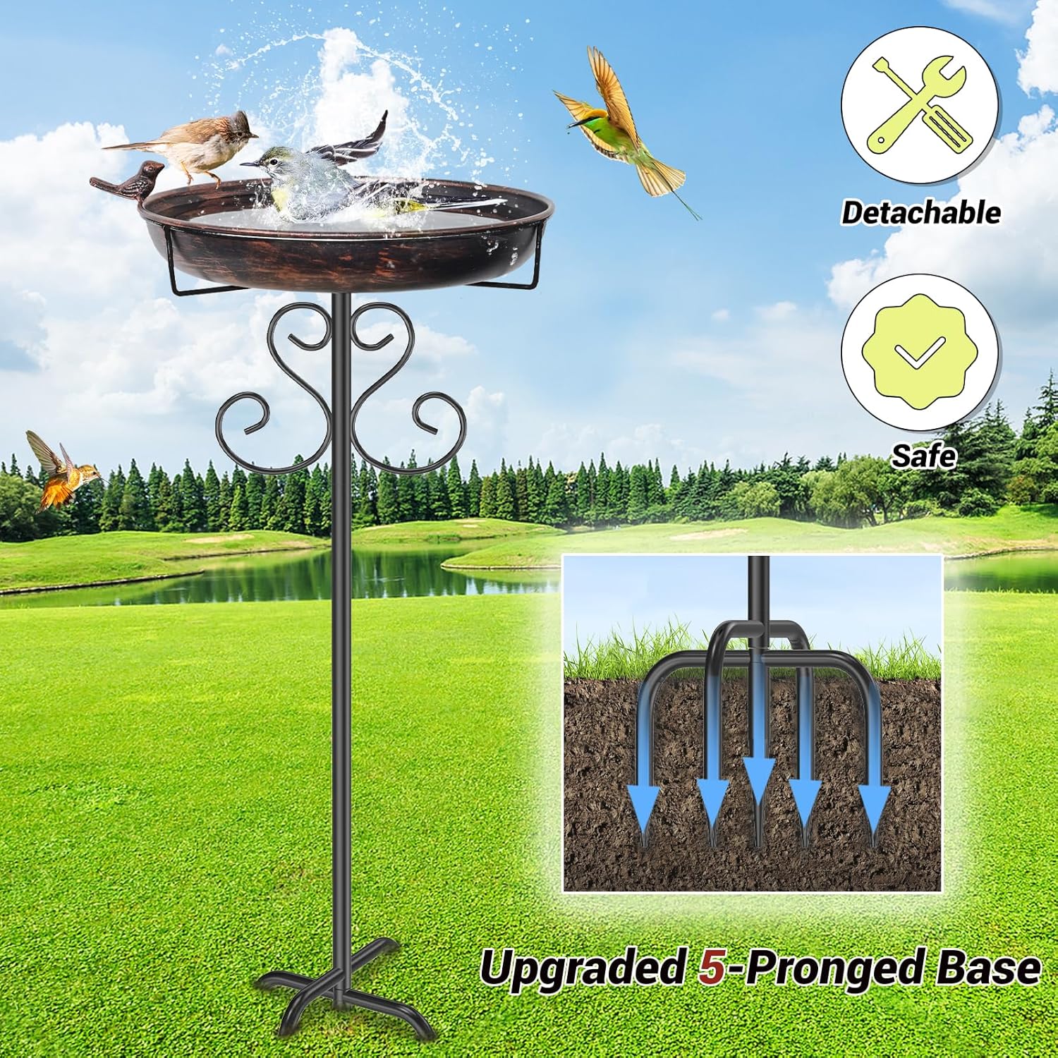 Metal Bird Bath with Bird Statue +Deck Mounted Bird Bath for Outdoors, Vintage Freestanding Birdbaths with Metal Stake for Outdoors Garden Patio Yard Lawn Decor