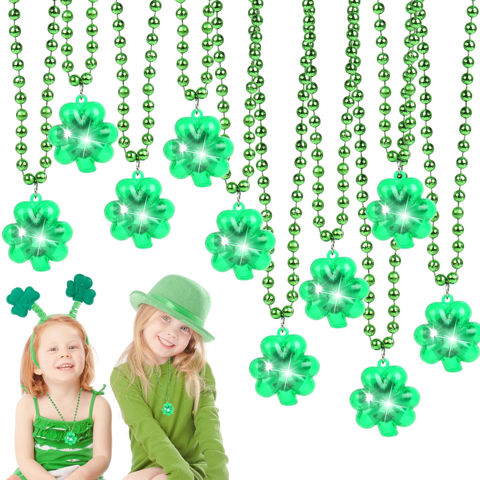 KIMOBER 10PCS St.Patrick's Day Light Up Shamrock Necklaces, Green Glow in the Dark Good Luck Clover Beads Necklaces for St. Patricks Day Party Favor Supplies