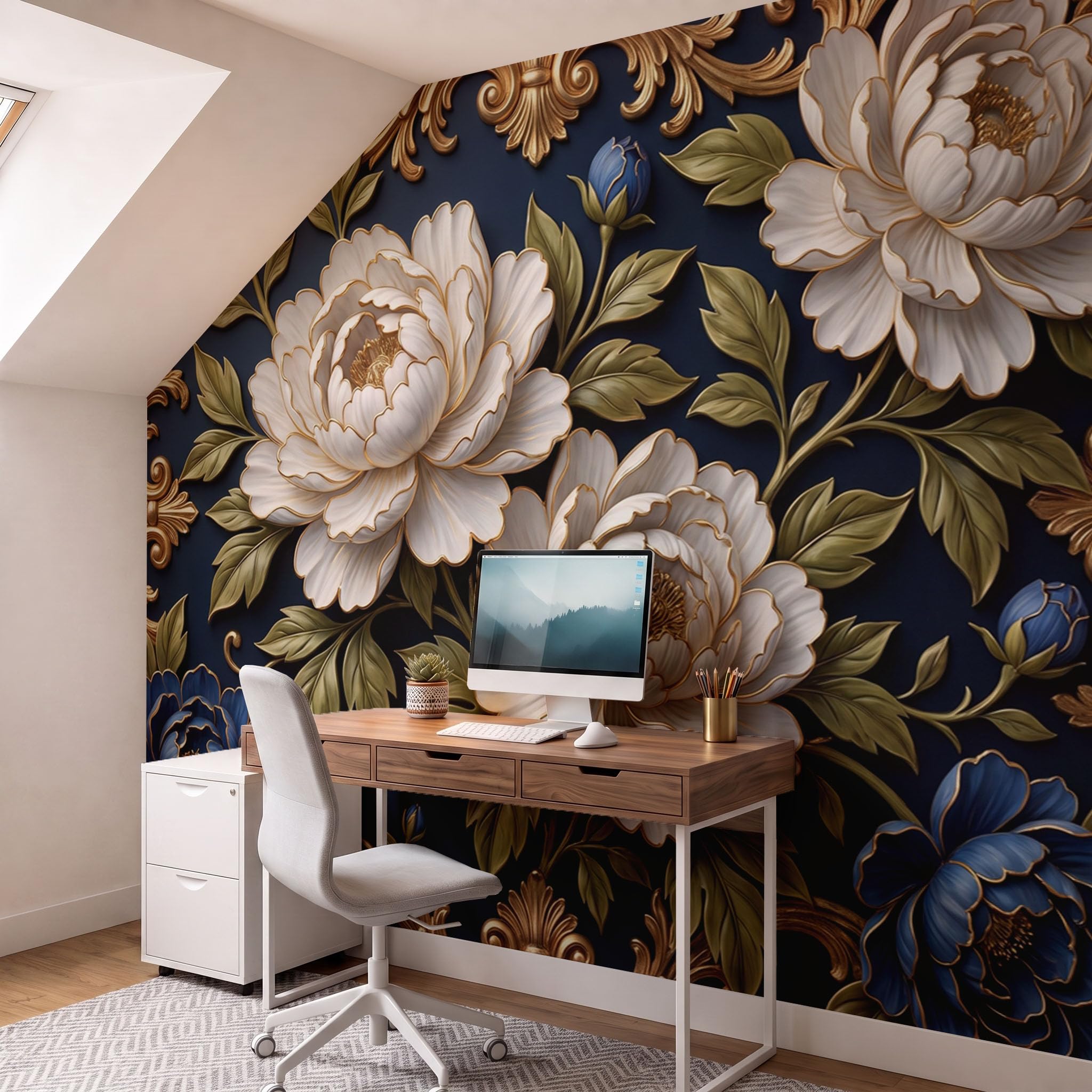 Papier Peint Panoramique Luxueux Relief De Pivoine Bleu Foncé 300X210Cm | Papier Peint Intissé Bordure De Plantes Élégante Décoration Murale Chambre, Fresque Murale Pour Salon Fond Tv