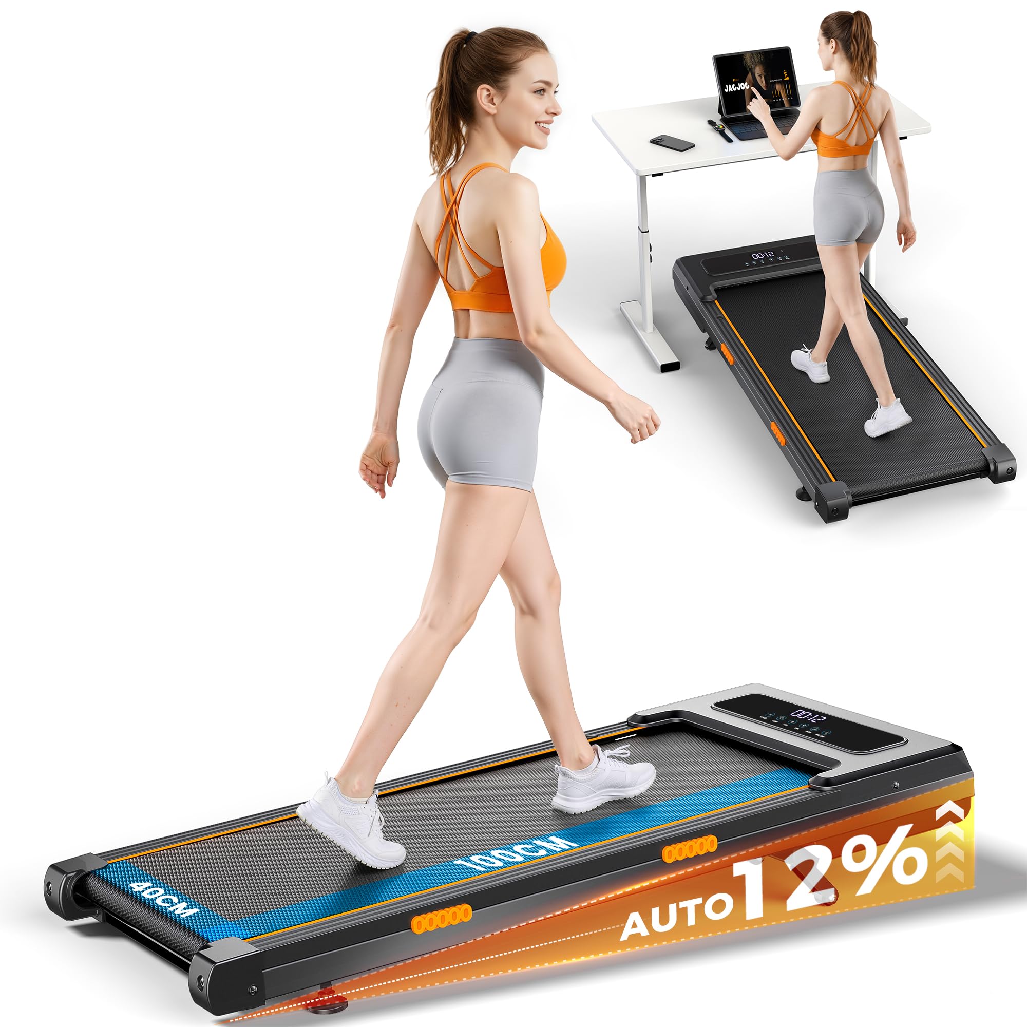 JAGJOG Walking Pad mit 12% Auto-Steigung für Kalorientraining | 2,5-PS-Motor, App, Fernbedienung, LED-Anzeige, Dämpfung und kompakte Nutzung im Home Office