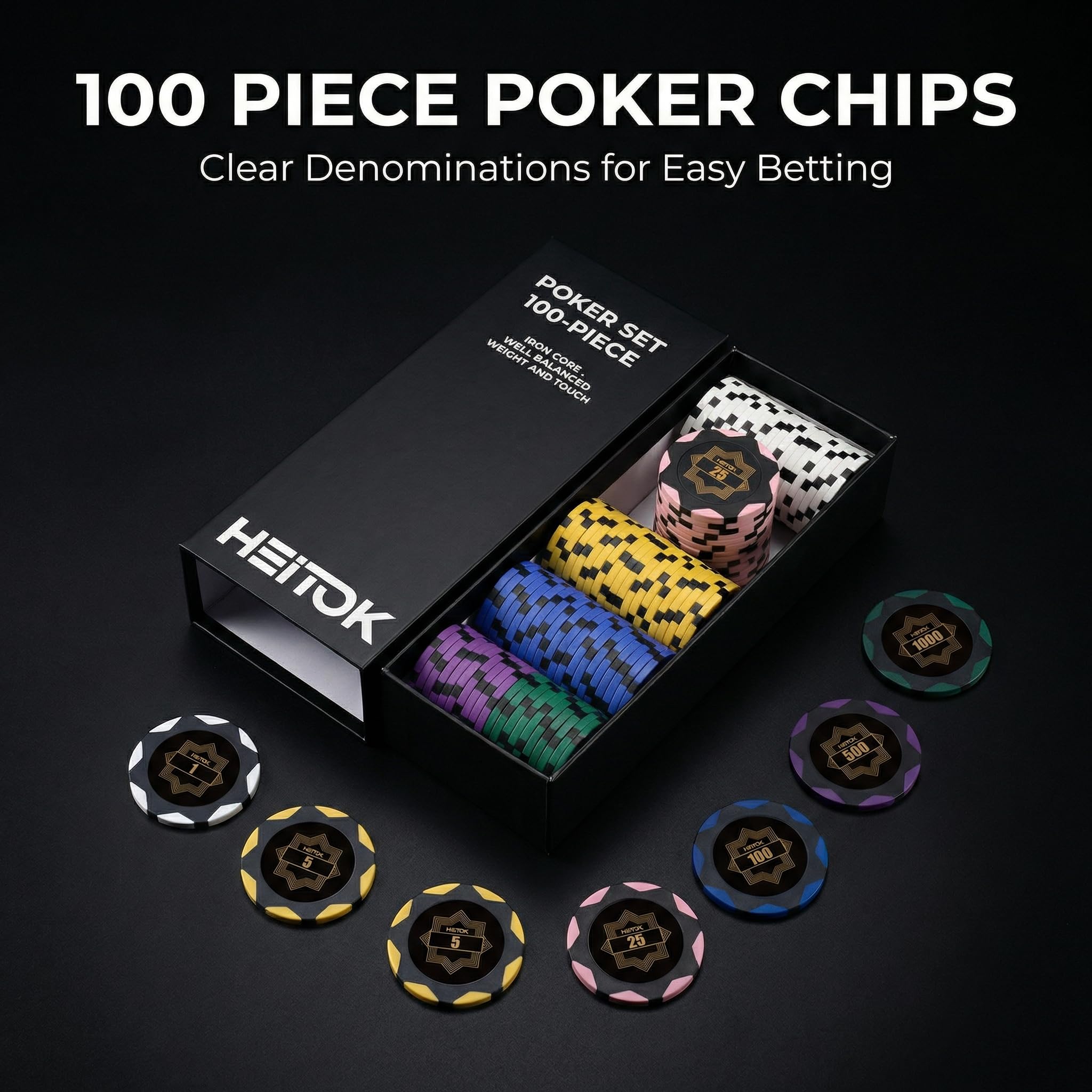 HEITOK Zestaw do pokera 500 sztuk 14g z nominałami w walizce Texas Holdem