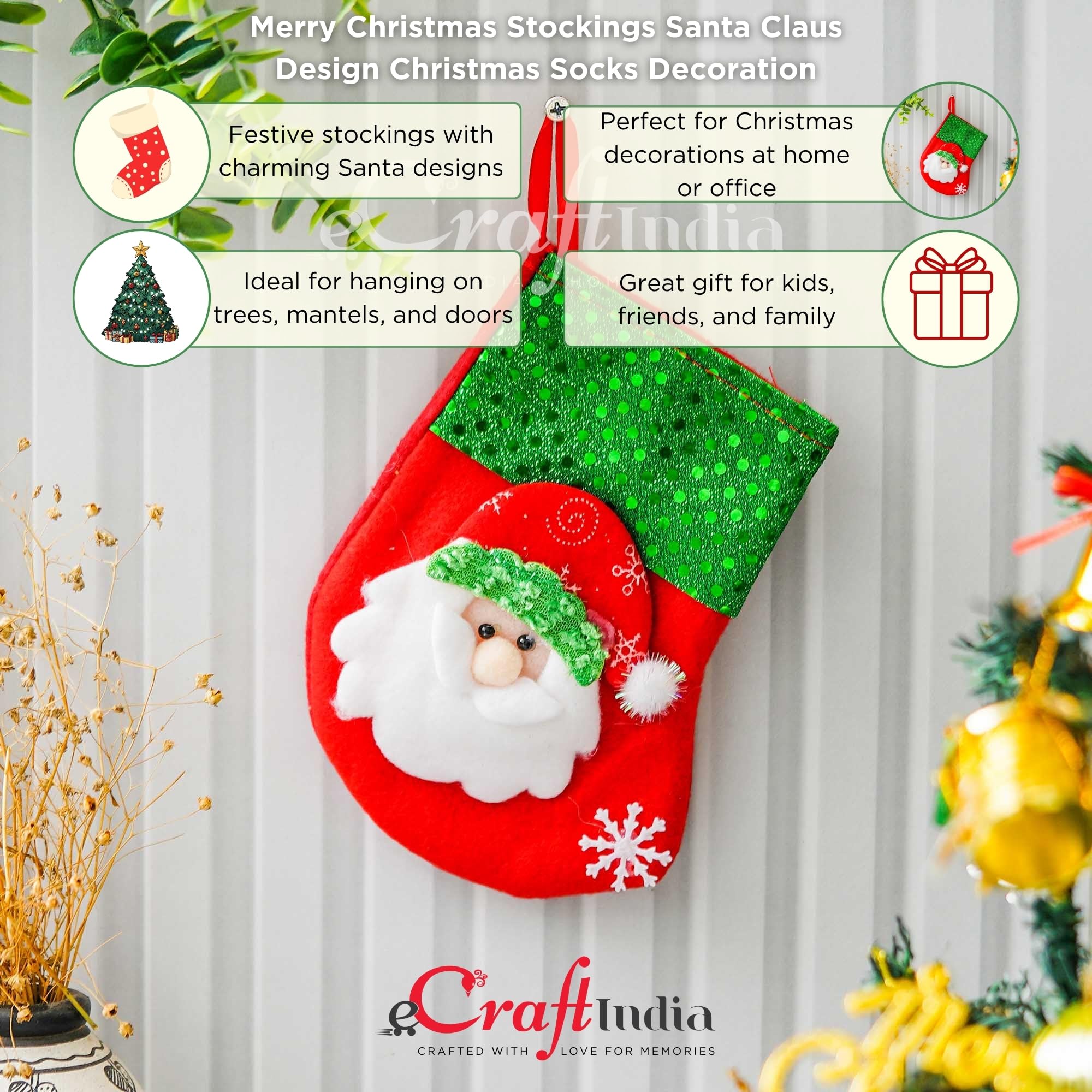 eCraftIndia Merry Christmas Stockings Santa Claus Design Socks Decoration Gifts for Women Men Kids Girls Boys Friends Christmas Decorations Items for Home Ornaments Props 3