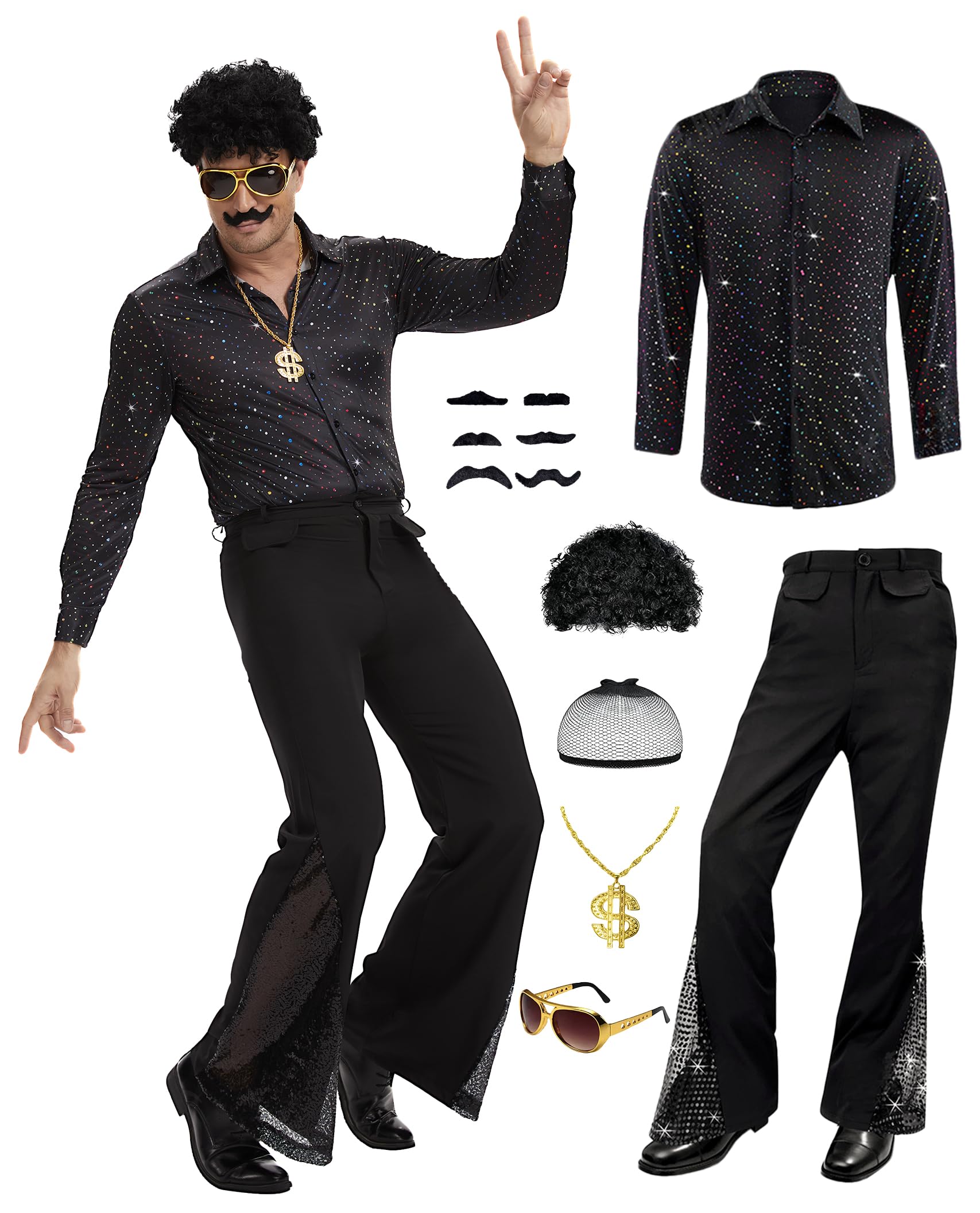 Disfraz de discoteca de los años 70, camisa de lentejuelas y pantalones acampanados, con peluca afro, gafas de sol, cadena dorada y bigote