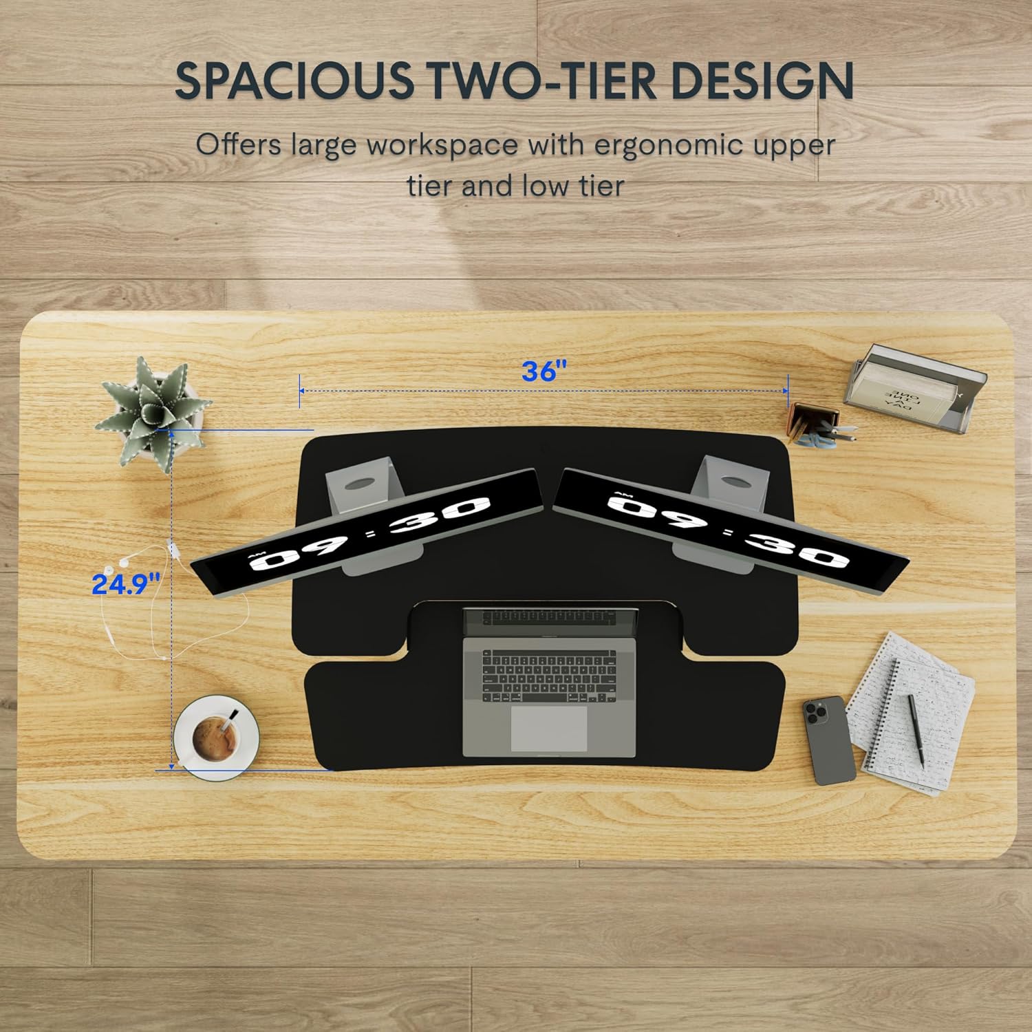 FLEXISPOT Standing Desk Converter showing height adjustment mechanism