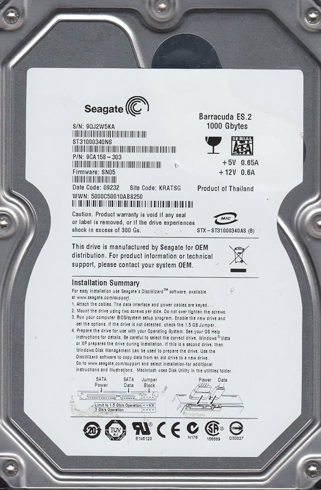 Seagate ST31000340AS（3.5インチ HDD 1TB） Seagate ST31000340AS - 1TB 7.2K RPM SATA 3.5