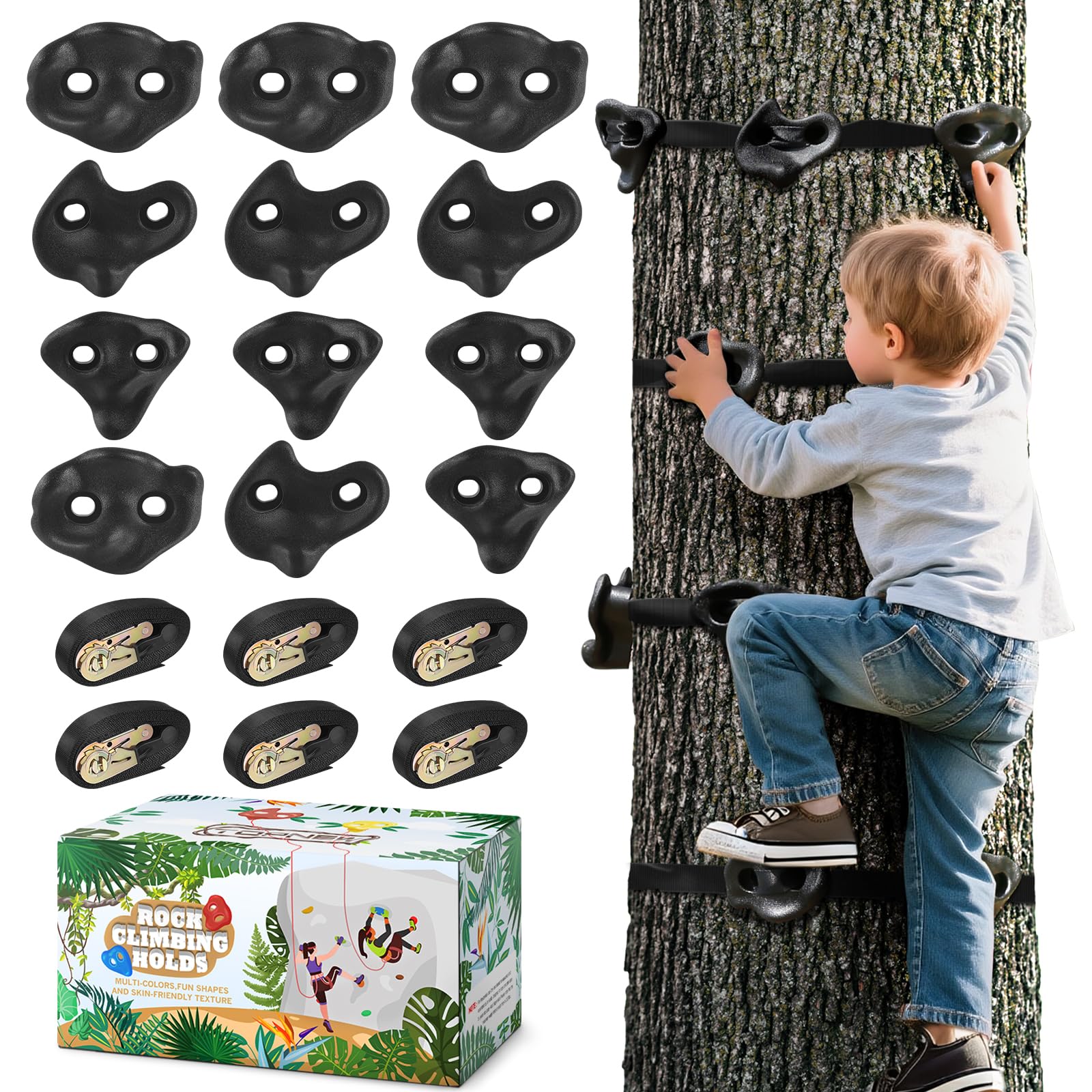 TOPNEW 12PCS Ninja Tree Climbing Holds and 6 Sturdy Ratchet Straps for Kids Tree Climbing, Large Climbing Rocks for Outdoor Ninja Warrior Obstacle Course Training