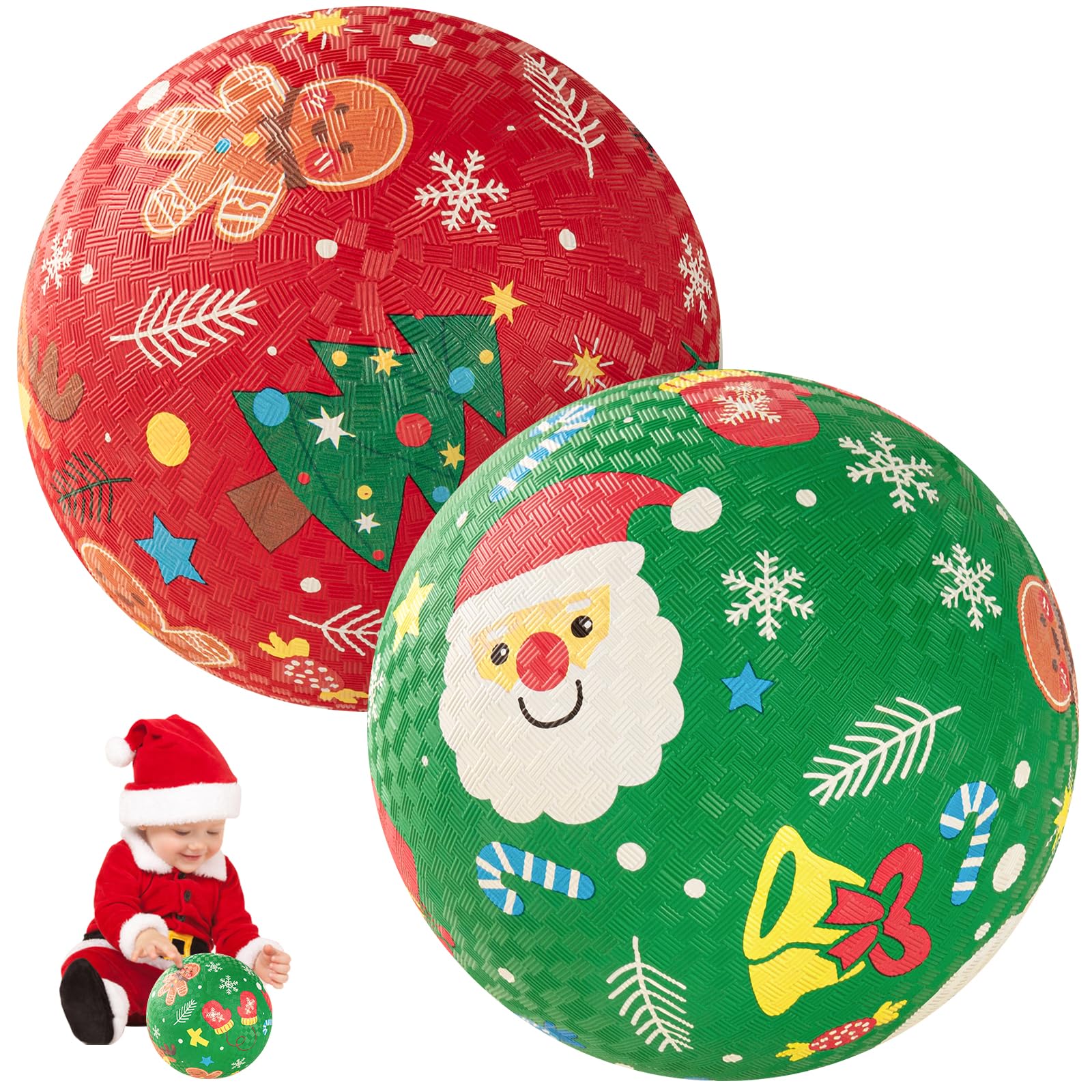 U&C Planet 2 Pack Christmas Balls 8.5 Inch Playgroundballs for Children Rubber Kickball & Handball for Kids 1-8 Years Includes Hand Pump for Indoor Outdoor Play (Santa