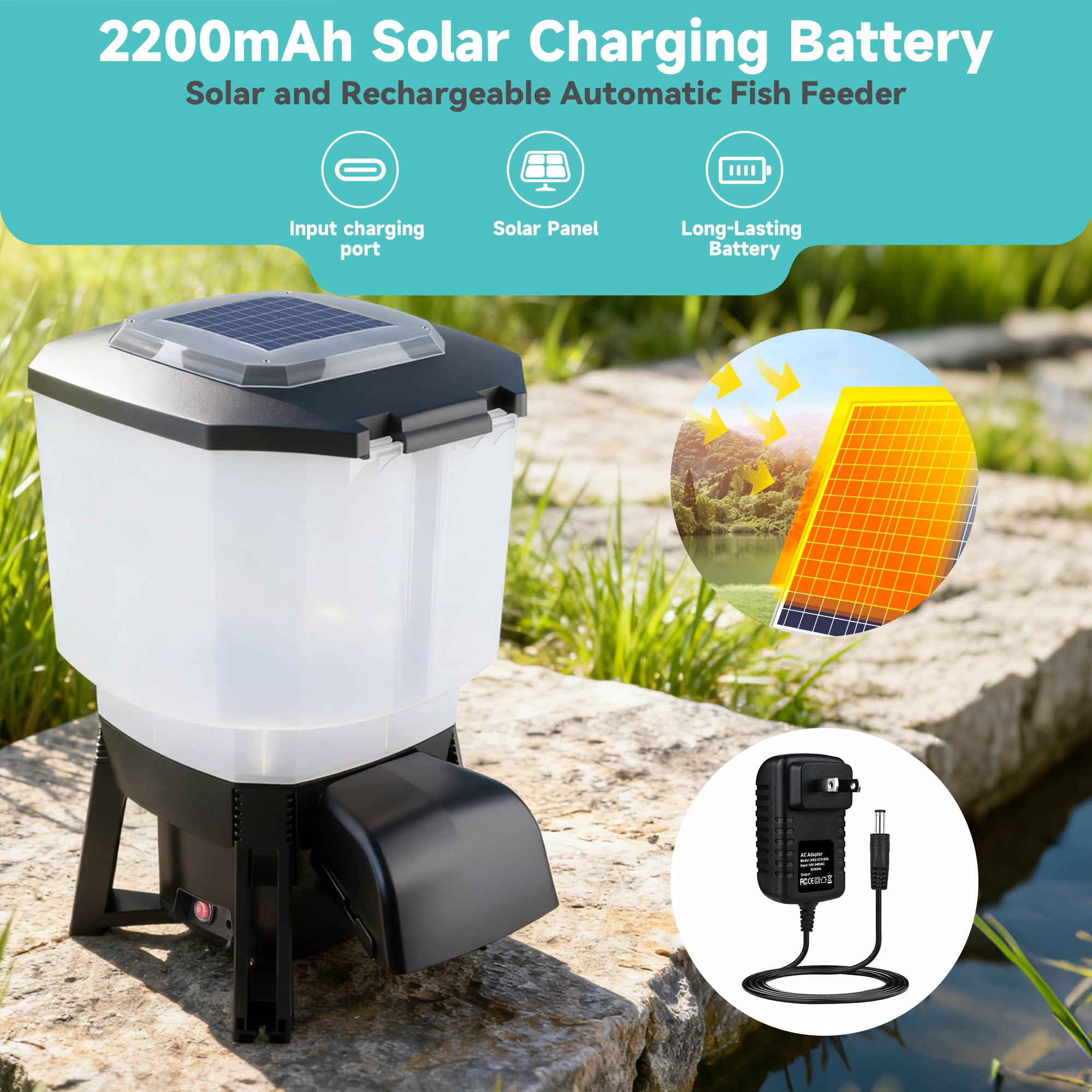 Solar Automatic Fish Feeder for Pond, Large Capacity 23L, Auto Outdoor Koi Fish Feeder, Programmable Auto Timer, Automatic Dispenser for Vacation, Big Tank, Battery & AC Electric Power - image 2