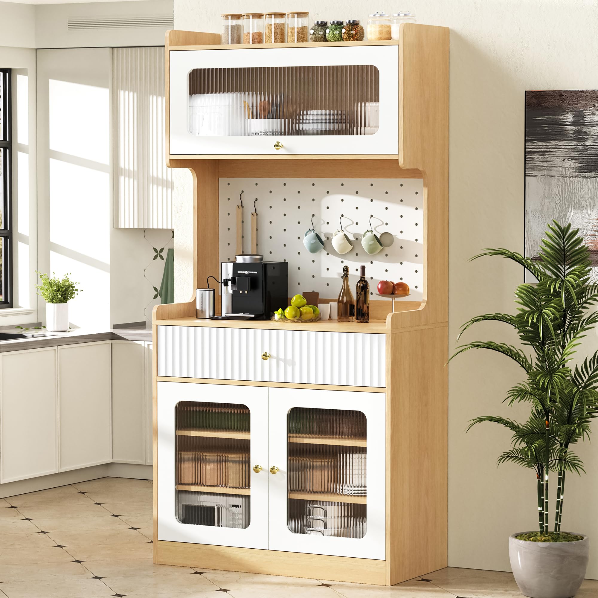 Mobile con ripiani regolabili e cassetti, 80 × 40 × 180 cm, naturale+bianco, armadio da cucina con vetro scanalato, ideale per sala da pranzo, soggiorno e cucina