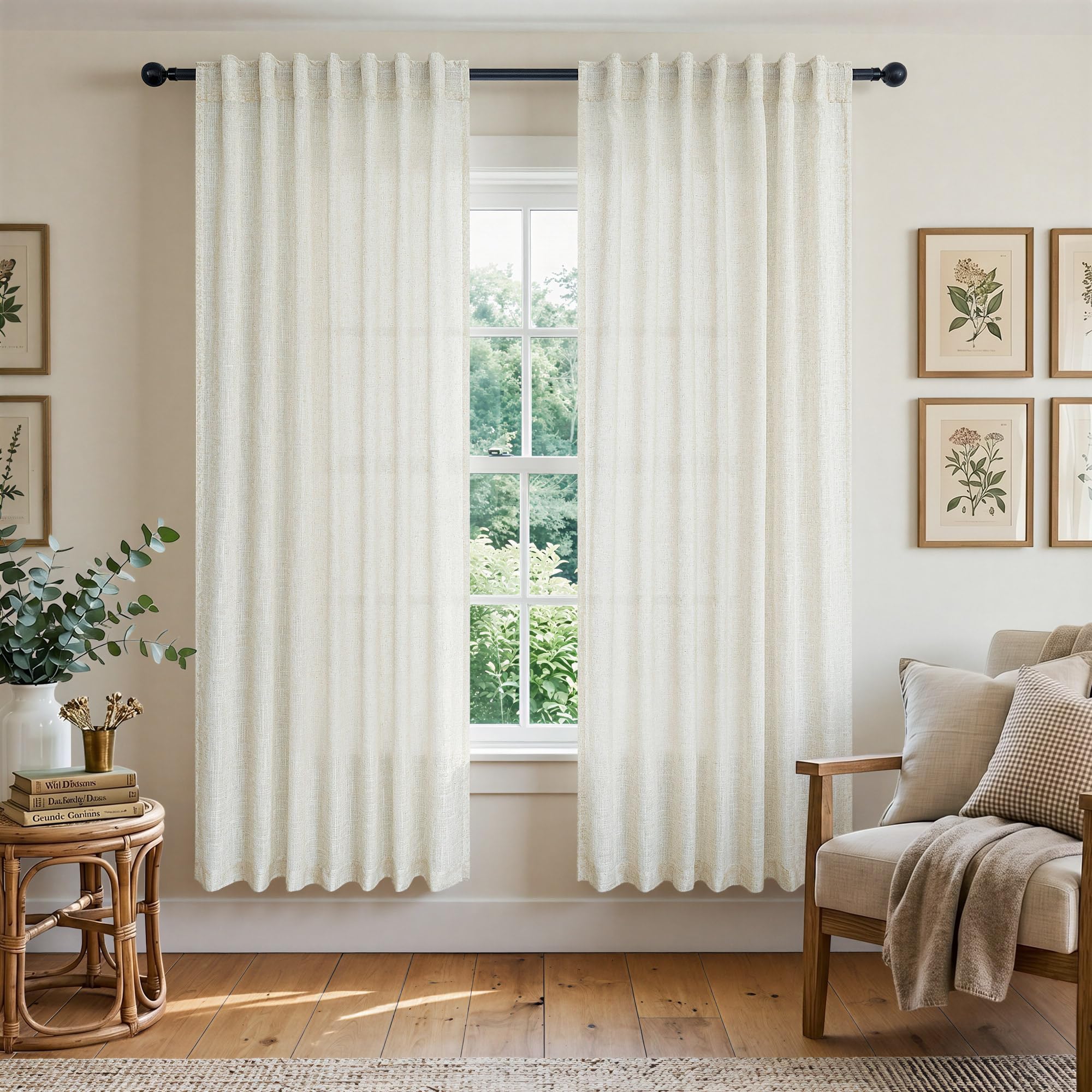 Cream Linen Back Tab Curtains 68 Inches Long for Living Room 2 Panels Rod Pocket Neutral Modern Farmhouse Window Curtain Privacy Semi Sheer Natural Linen Drapes Rustic Pinch Pleated Look Curtain Ivory