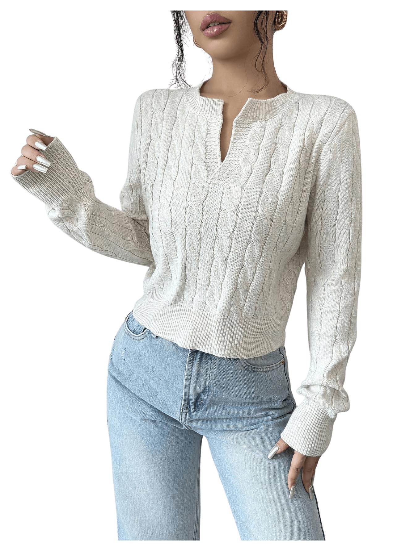 SOLY HUX Womens Long Sleeve Cropped Sweater Pullover Cable Knit Notched V Neck Fall Tops