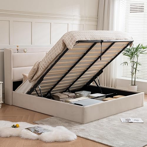 King Size Upholstered Bed, Hydraulic Lift Storage, Square Shaped Headboard