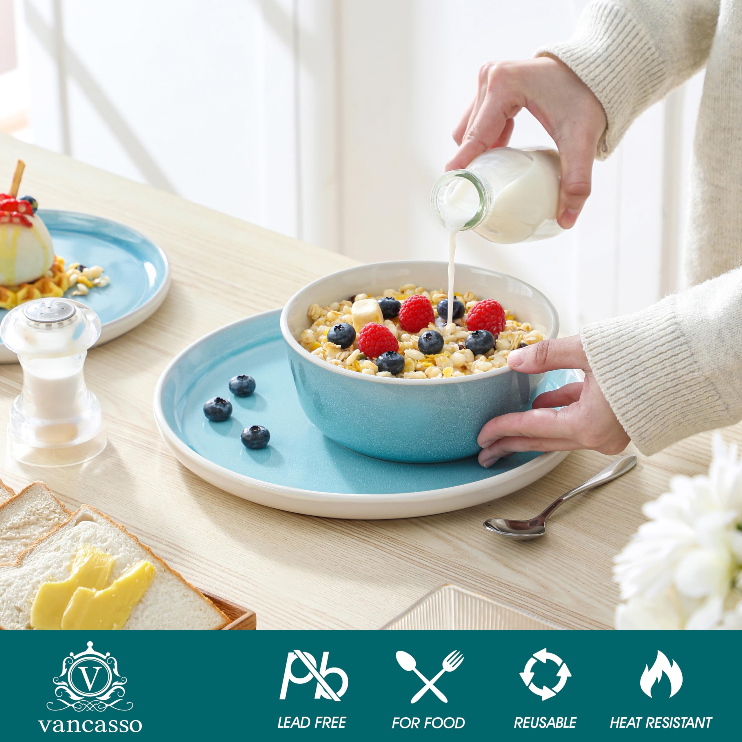 vancasso Elba - Set di piatti da 18 pezzi, per 6 persone, piatti e ciotole in gres porcellanato resistente, per pasti quotidiani, con piatti piani, piatti da dessert e ciotole per cereali, adatto al