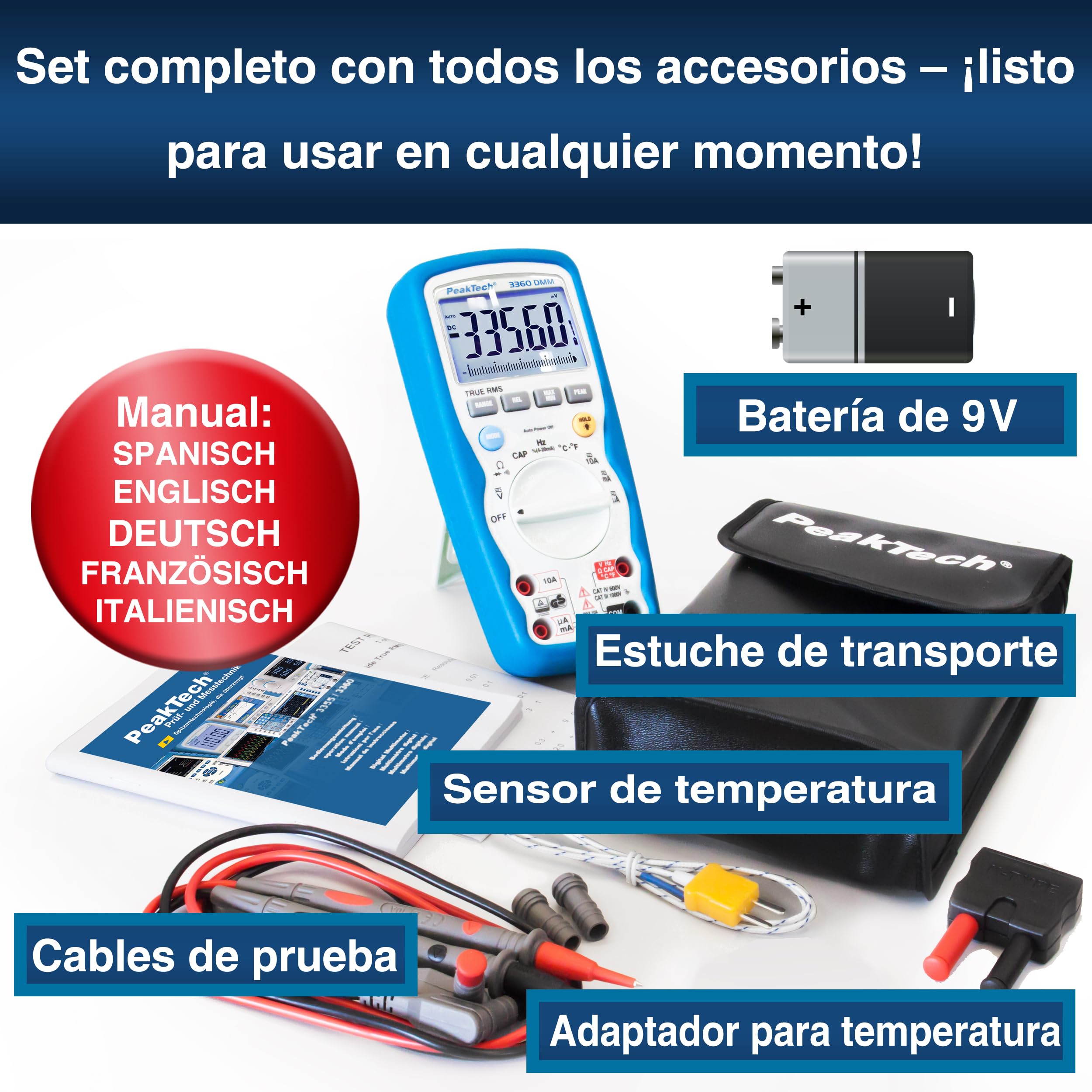 PeakTech 3360 - Multímetro Digital RMS, Resistente Al Agua (Ip67), 40000 Cuentas, Portátil Profesional, Tuv / Gs, Rango Automático, Medidor de Voltaje, Probador de Continuidad - Cat III 1000 V