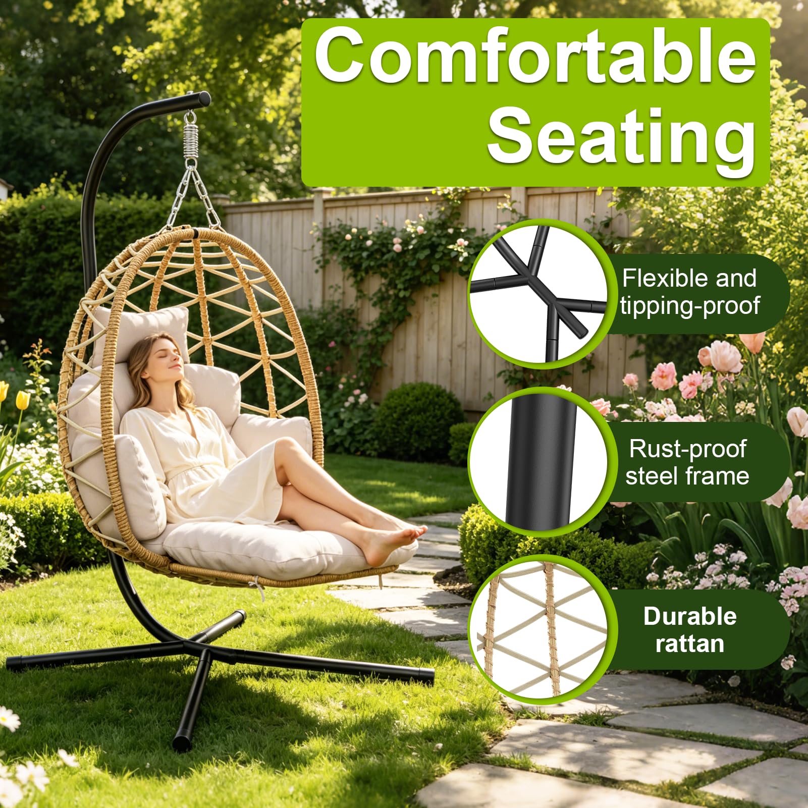 Hängesessel mit Gestell, Hängestuhl mit Fußstütze, Dicke Kissen, Höhenverstellbar, Hängekorb Sessel Outdoor Indoor, Ergonomisch, Hängeschaukel, Egg Chair für Garten Balkon Terrasse bis 150kg-Grau